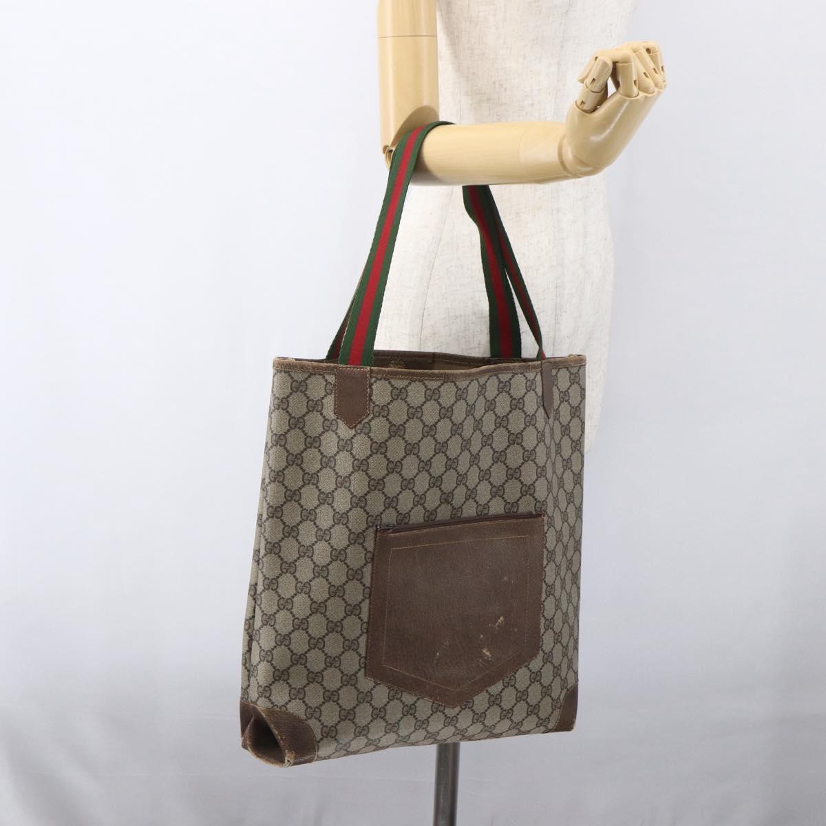 GUCCI GG Supreme Web Sherry Line Tote Bag PVC Beige Auth ti3608
