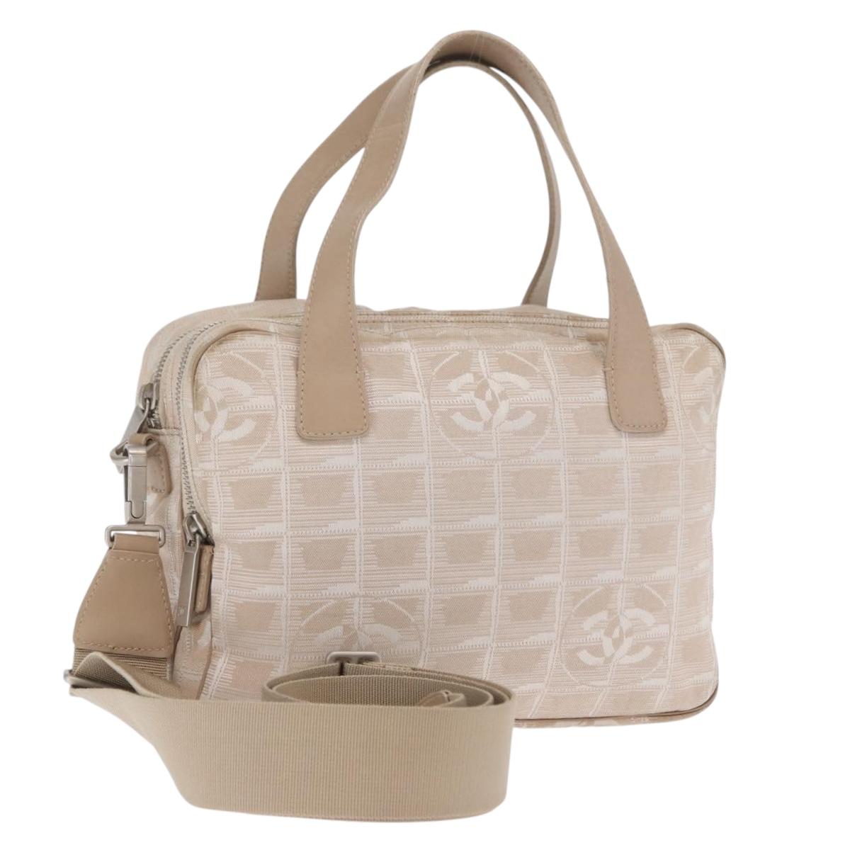 CHANEL New Travel Line Hand Bag Nylon 2way Beige Silver CC Auth ti3621