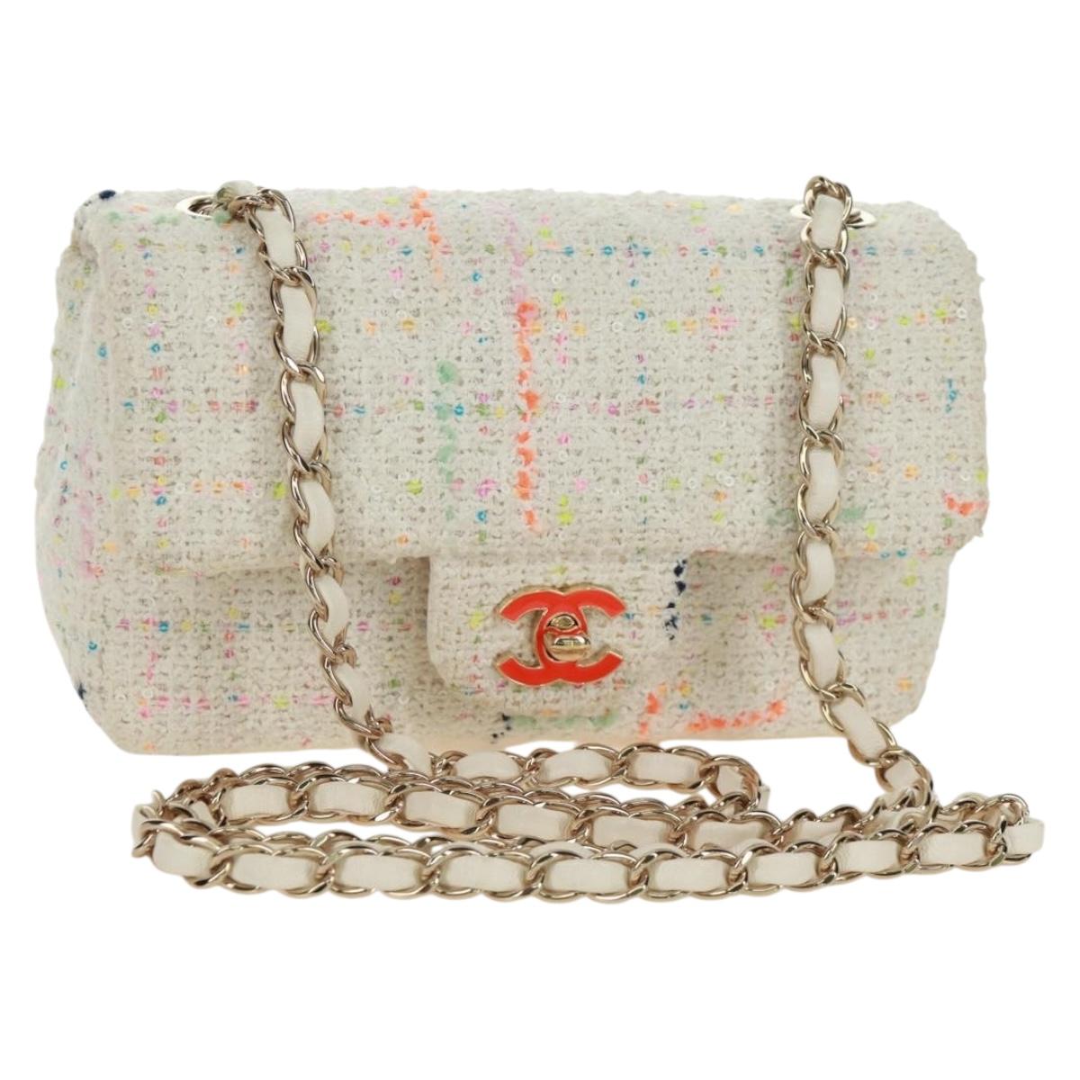 CHANEL Mini Matelasse Chain Shoulder Bag tweed White Gold CC Auth ti3635SM