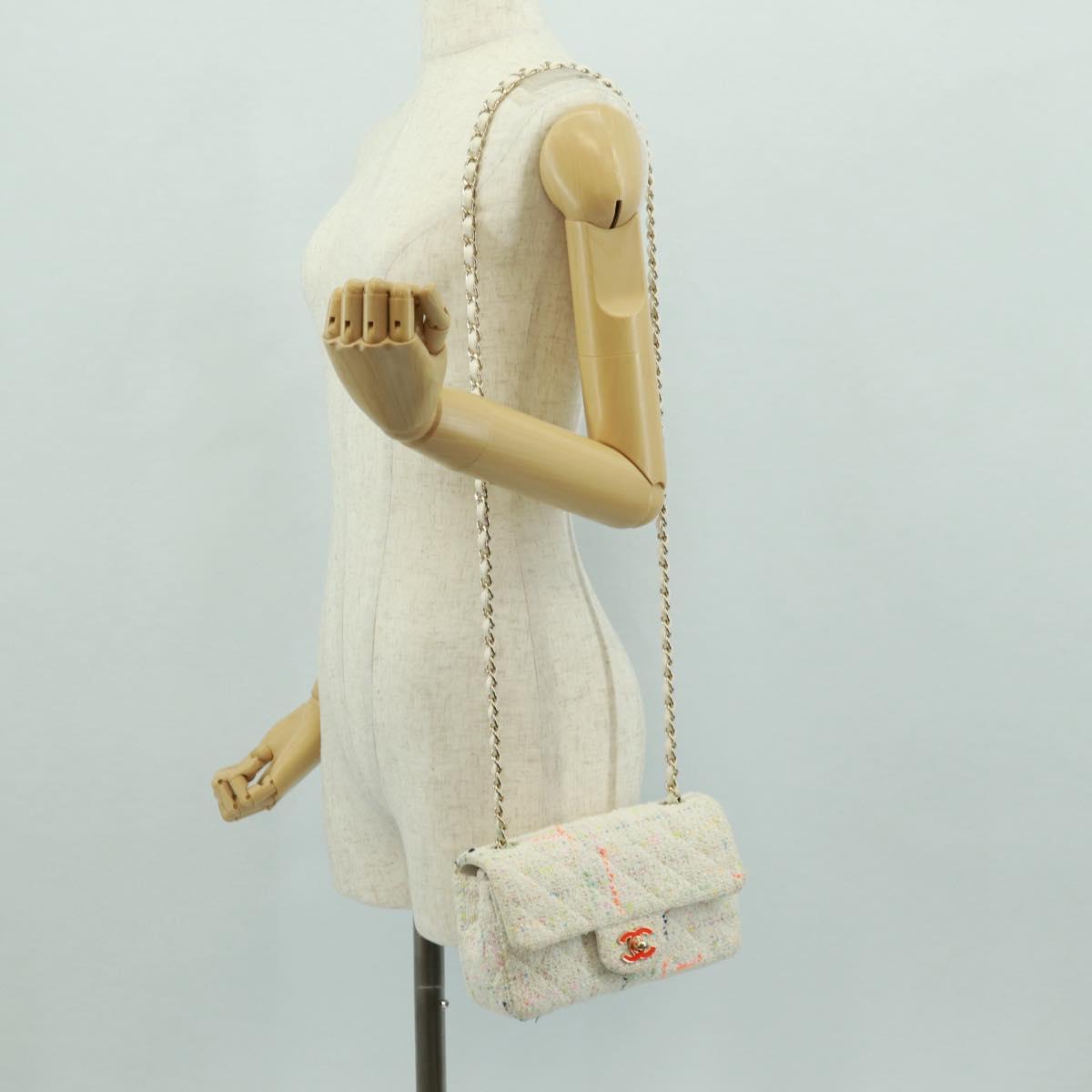 CHANEL Mini Matelasse Chain Shoulder Bag tweed White Gold CC Auth ti3635SM