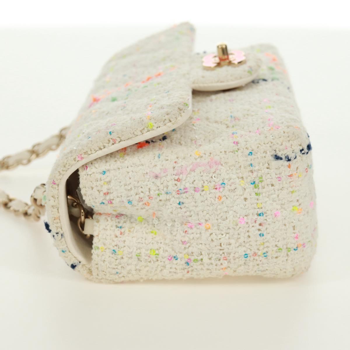 CHANEL Mini Matelasse Chain Shoulder Bag tweed White Gold CC Auth ti3635SM