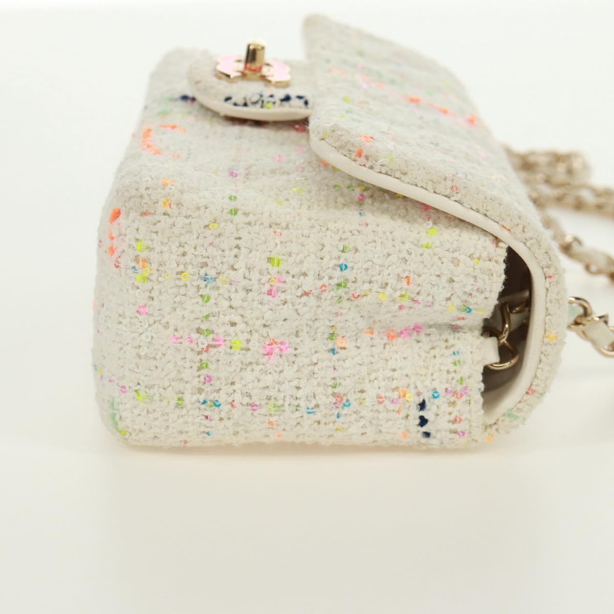 CHANEL Mini Matelasse Chain Shoulder Bag tweed White Gold CC Auth ti3635SM