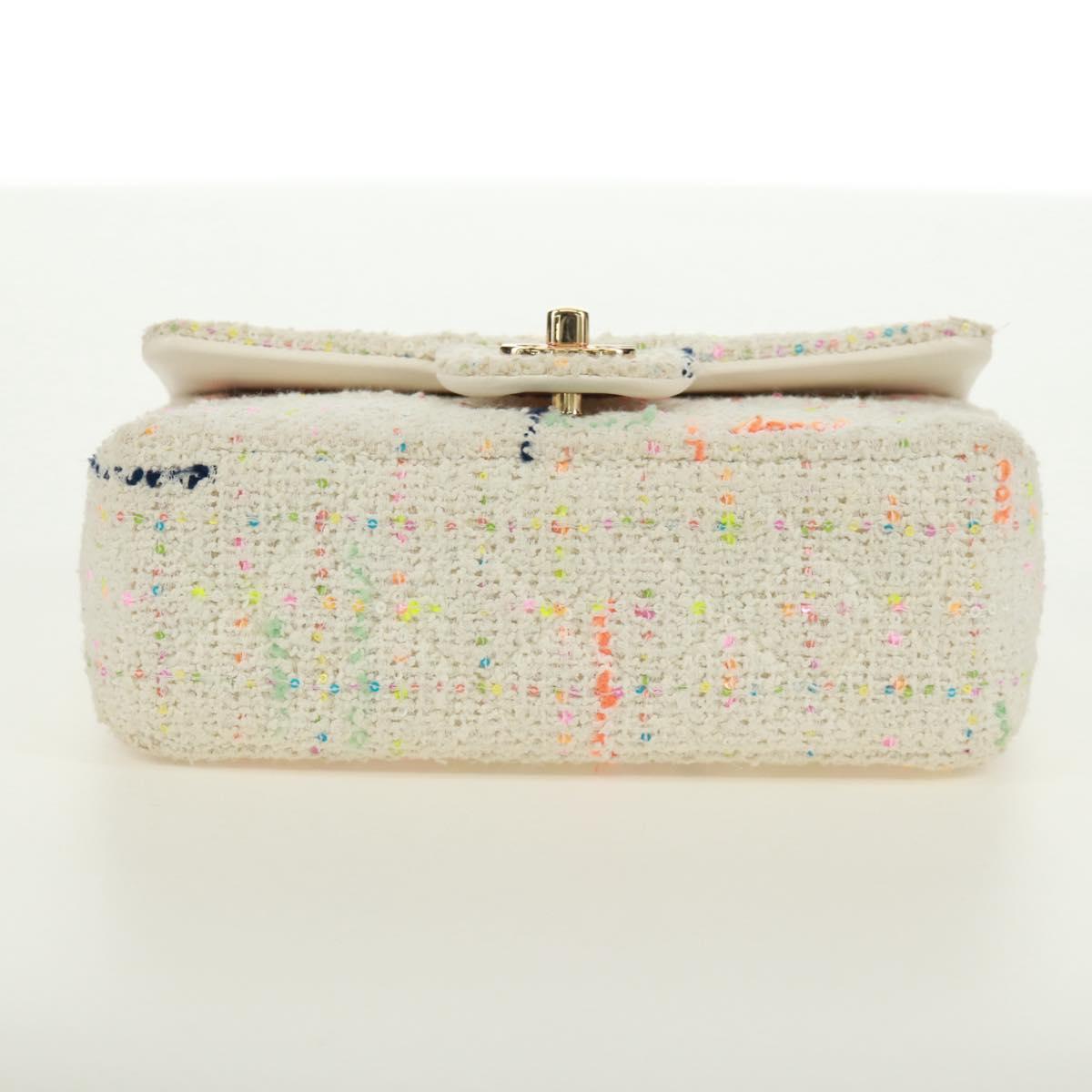CHANEL Mini Matelasse Chain Shoulder Bag tweed White Gold CC Auth ti3635SM
