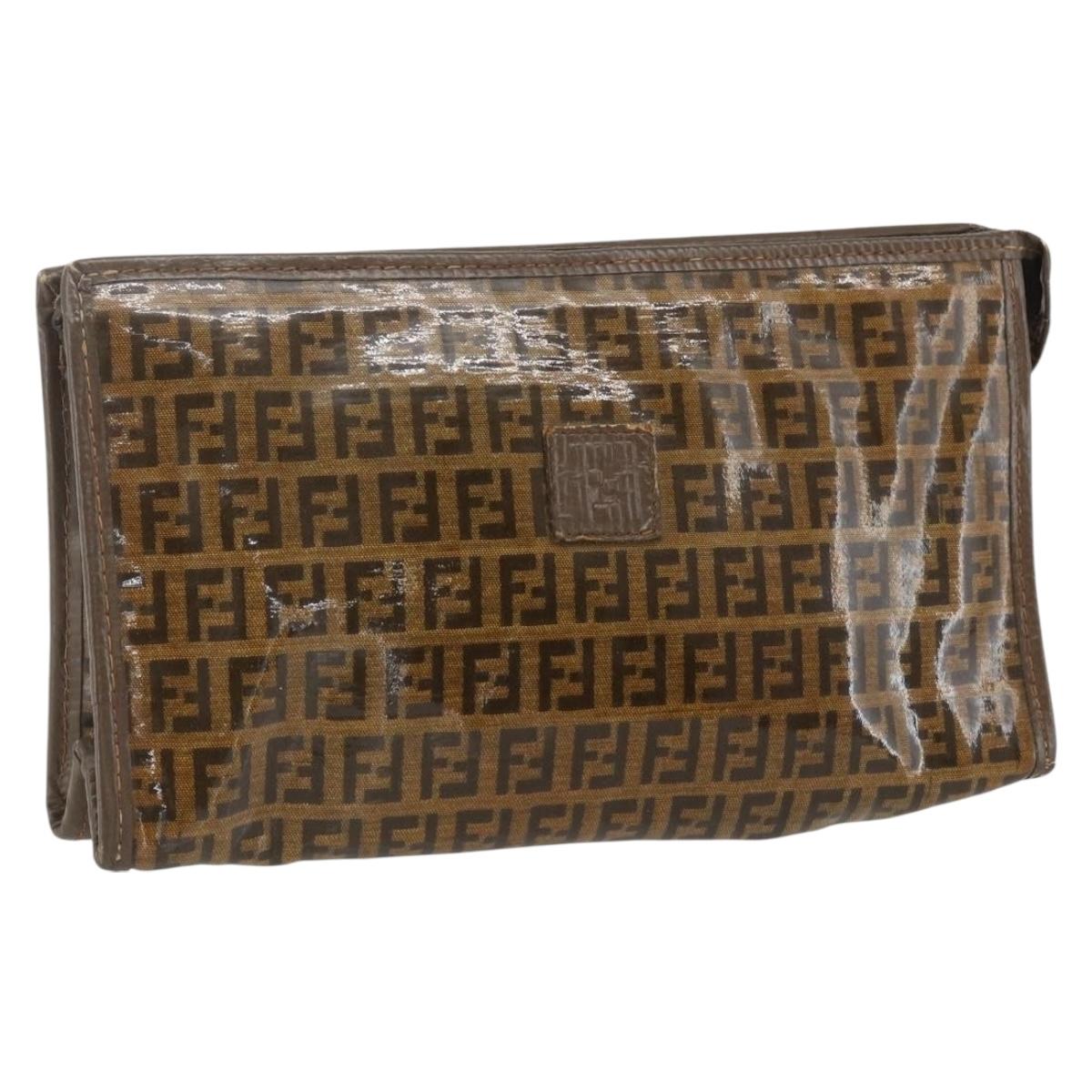 FENDI Zucchino Canvas Clutch Bag Brown Auth ti3645