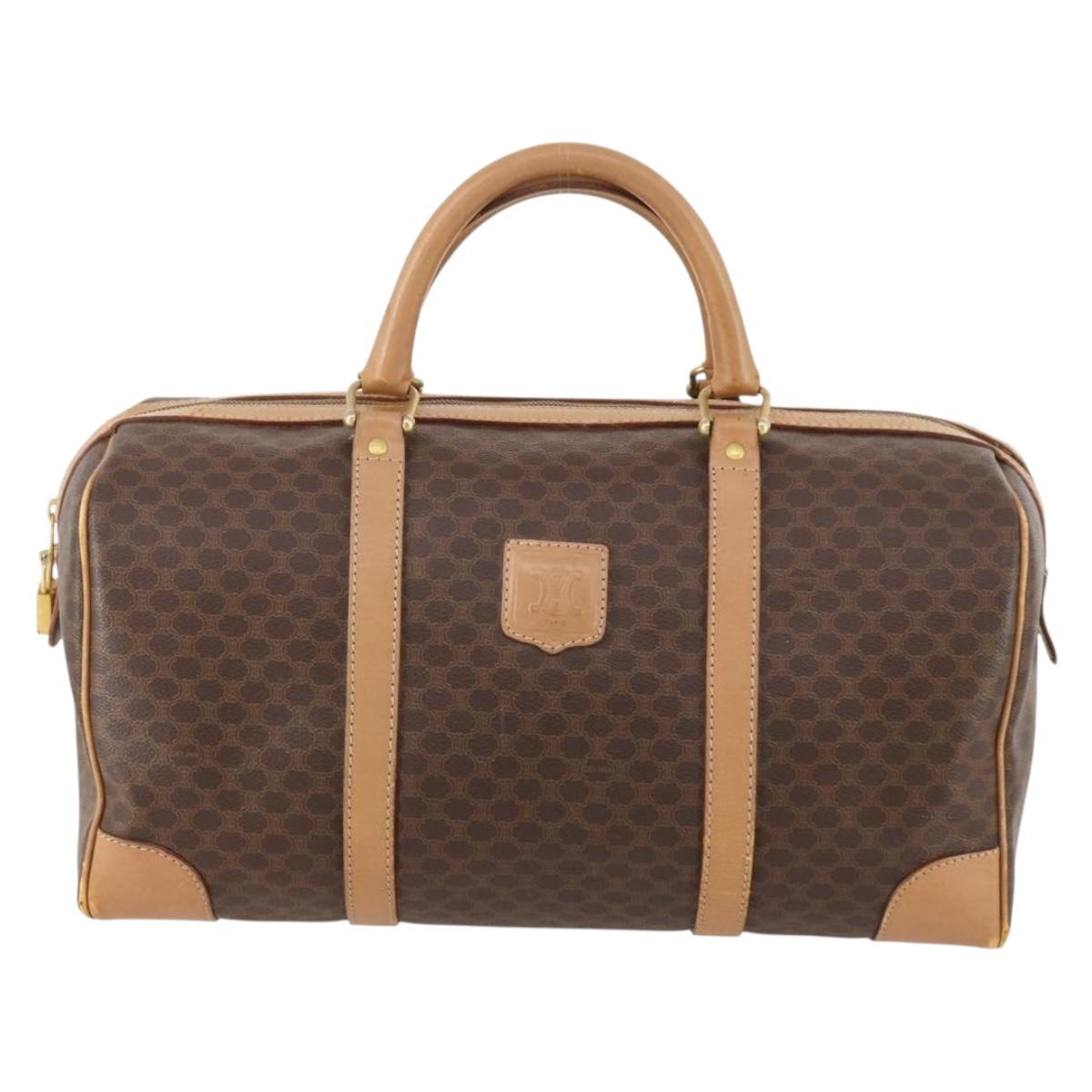 CELINE Macadam Canvas Boston Bag PVC Leather Brown Gold Auth ti3658