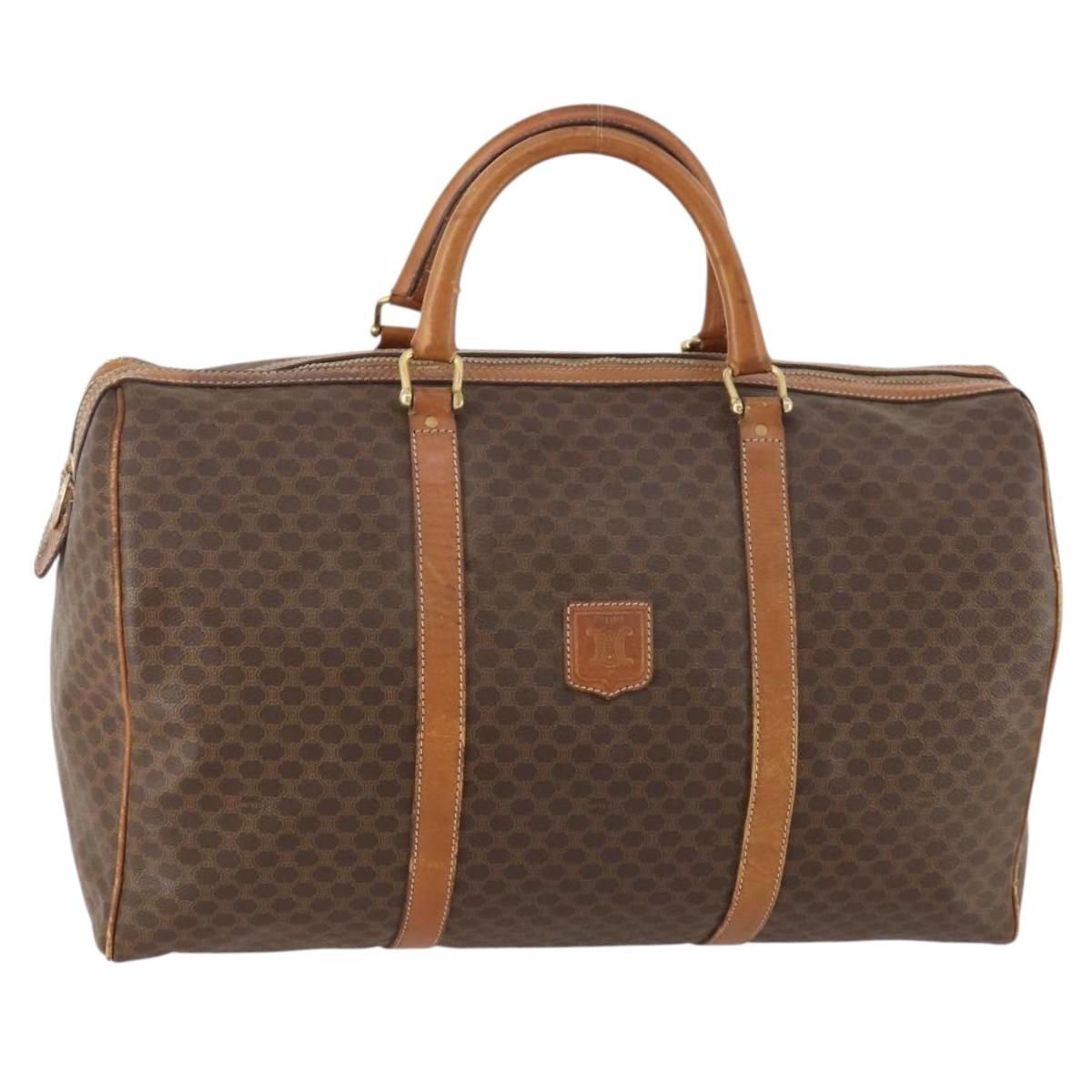 CELINE Macadam Canvas Boston Bag PVC Leather Brown Gold Auth ti3659