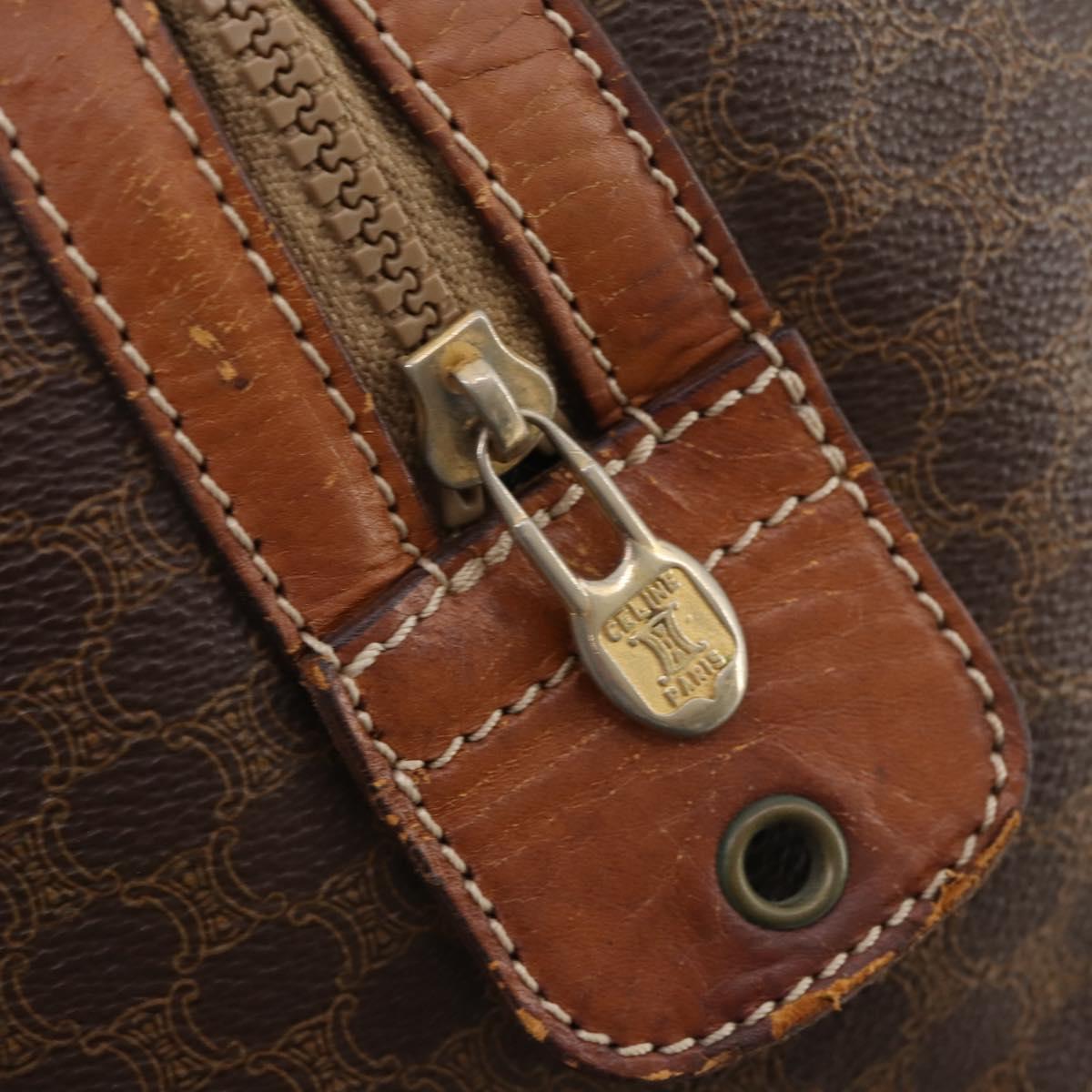 CELINE Macadam Canvas Boston Bag PVC Leather Brown Gold Auth ti3659