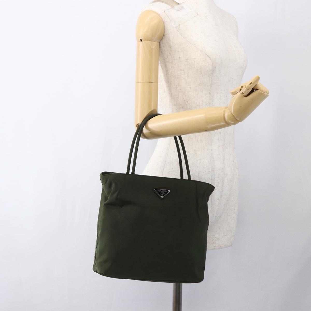 PRADA Hand Bag Nylon Khaki Silver Auth ti3676