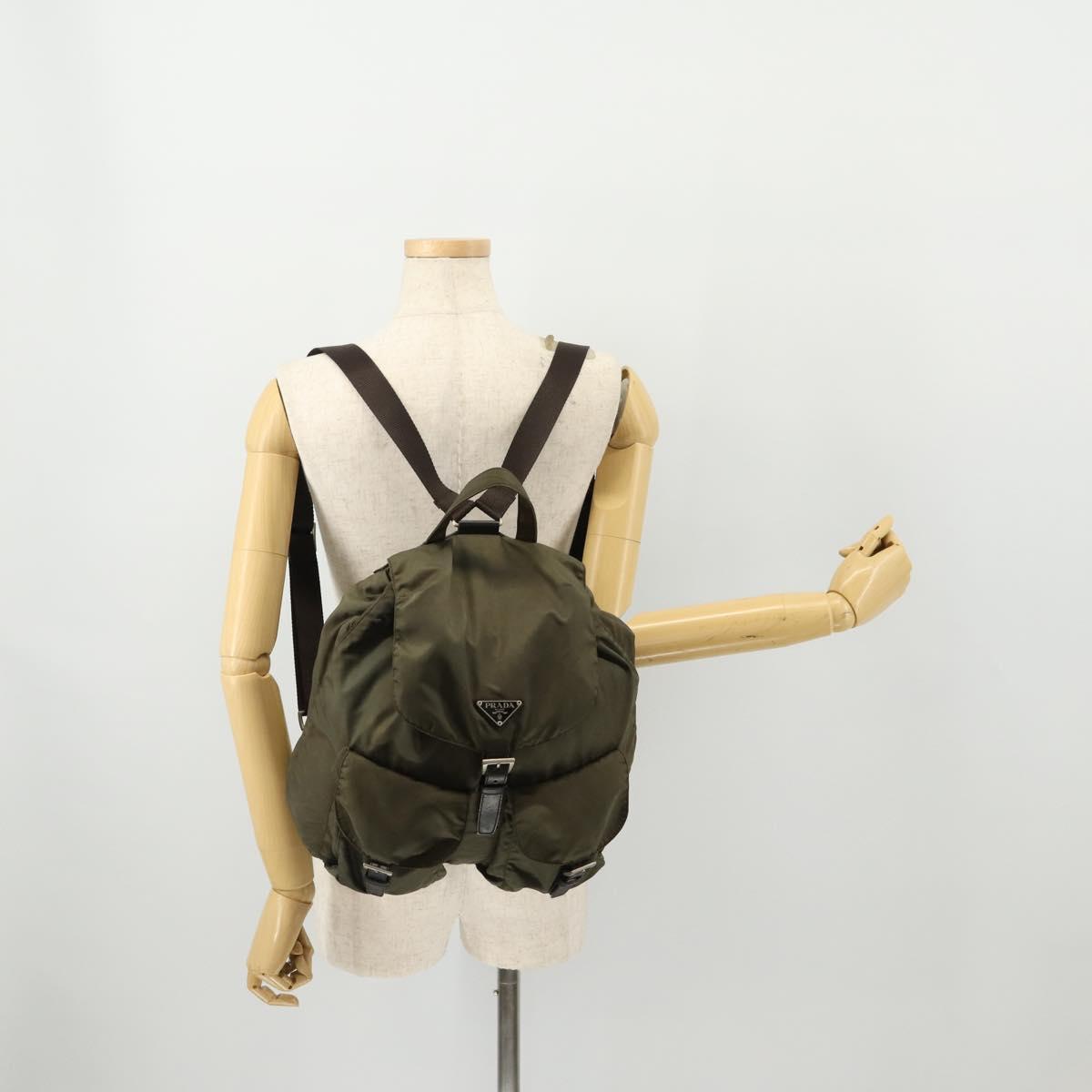 PRADA Backpack Nylon Khaki Silver Auth ti3677