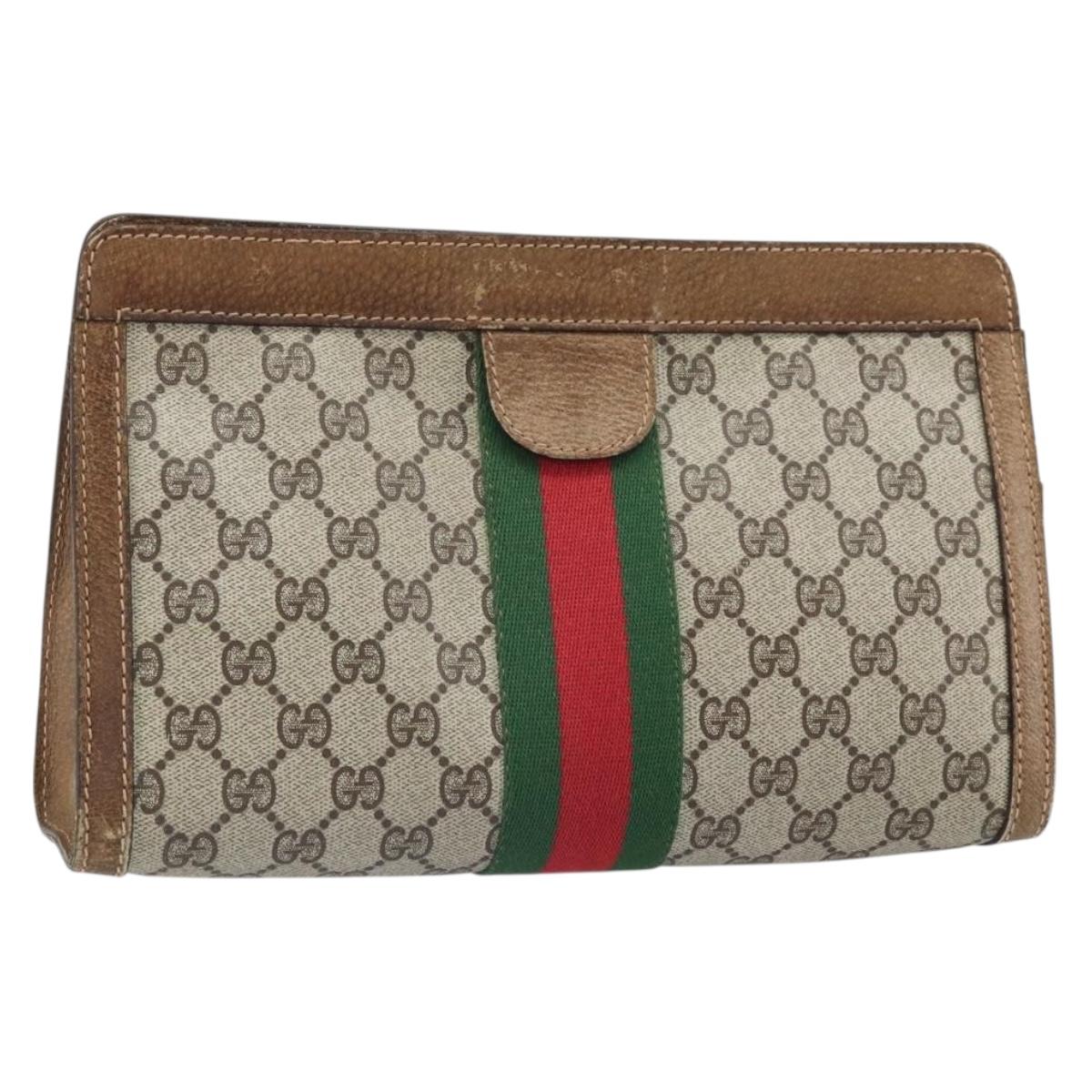GUCCI GG Supreme Web Sherry Line Clutch Bag PVC Beige Red Auth ti3685