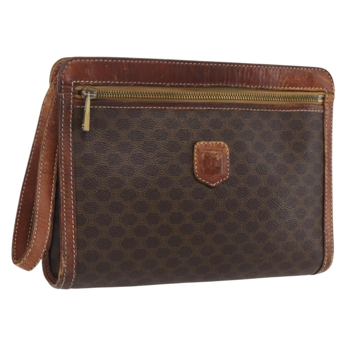 CELINE Macadam Canvas Clutch Bag PVC Leather Brown Gold Auth ti3690
