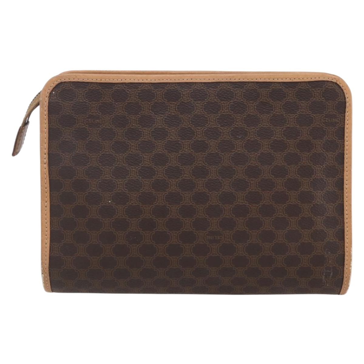 CELINE Macadam Canvas Clutch Bag PVC Leather Brown Gold Auth ti3695