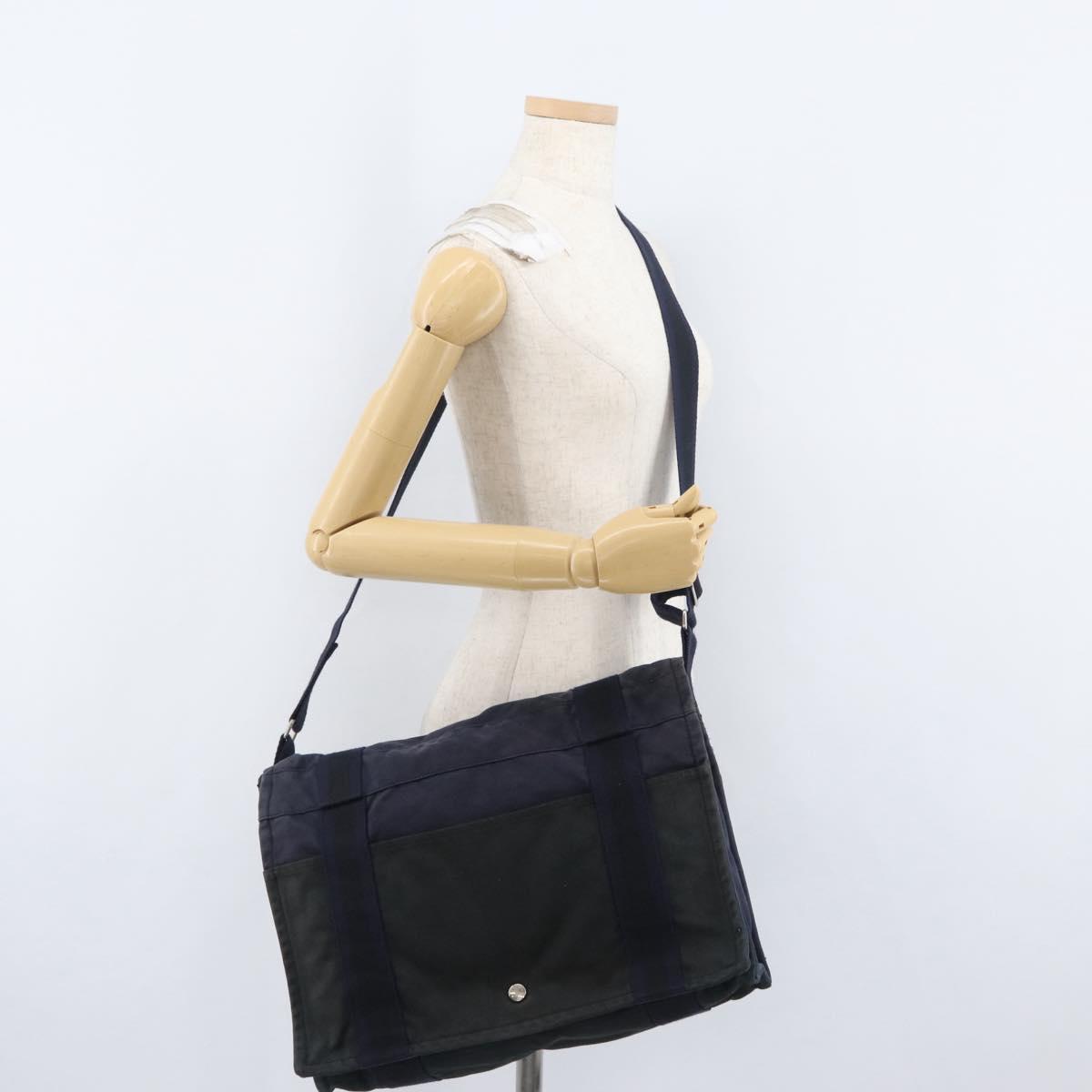 HERMES Fourre Tout Bassas MM Shoulder Bag Canvas Navy Silver Auth ti3713