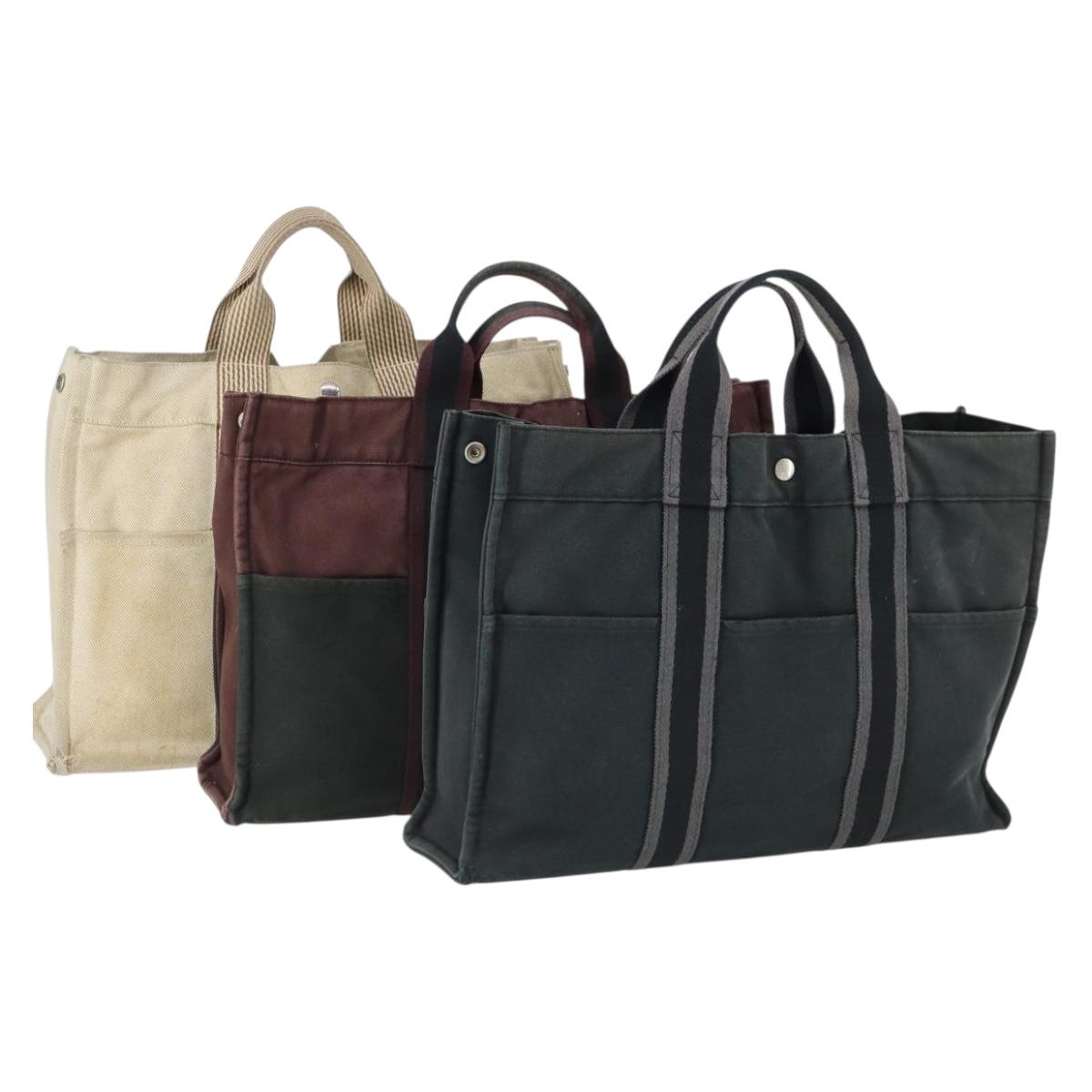 HERMES Fourre Tout Hand Bag Canvas 3 Set Beige Brown black Auth ti3717