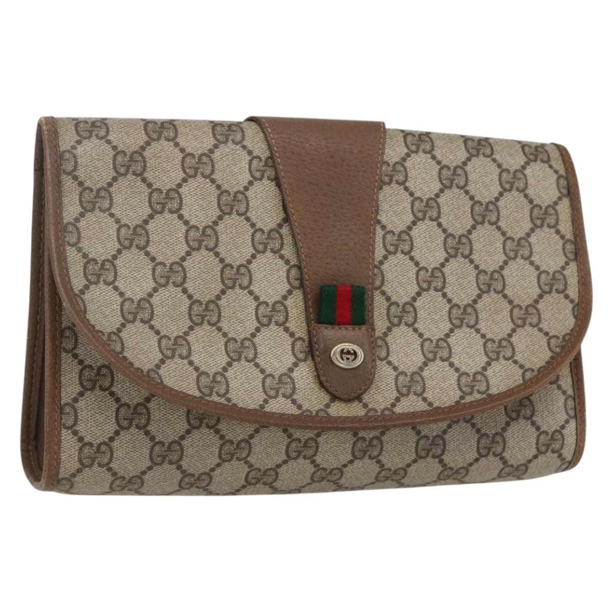 GUCCI GG Supreme Web Sherry Line Clutch Bag PVC Beige Gold 89 01 030 Auth ti3723