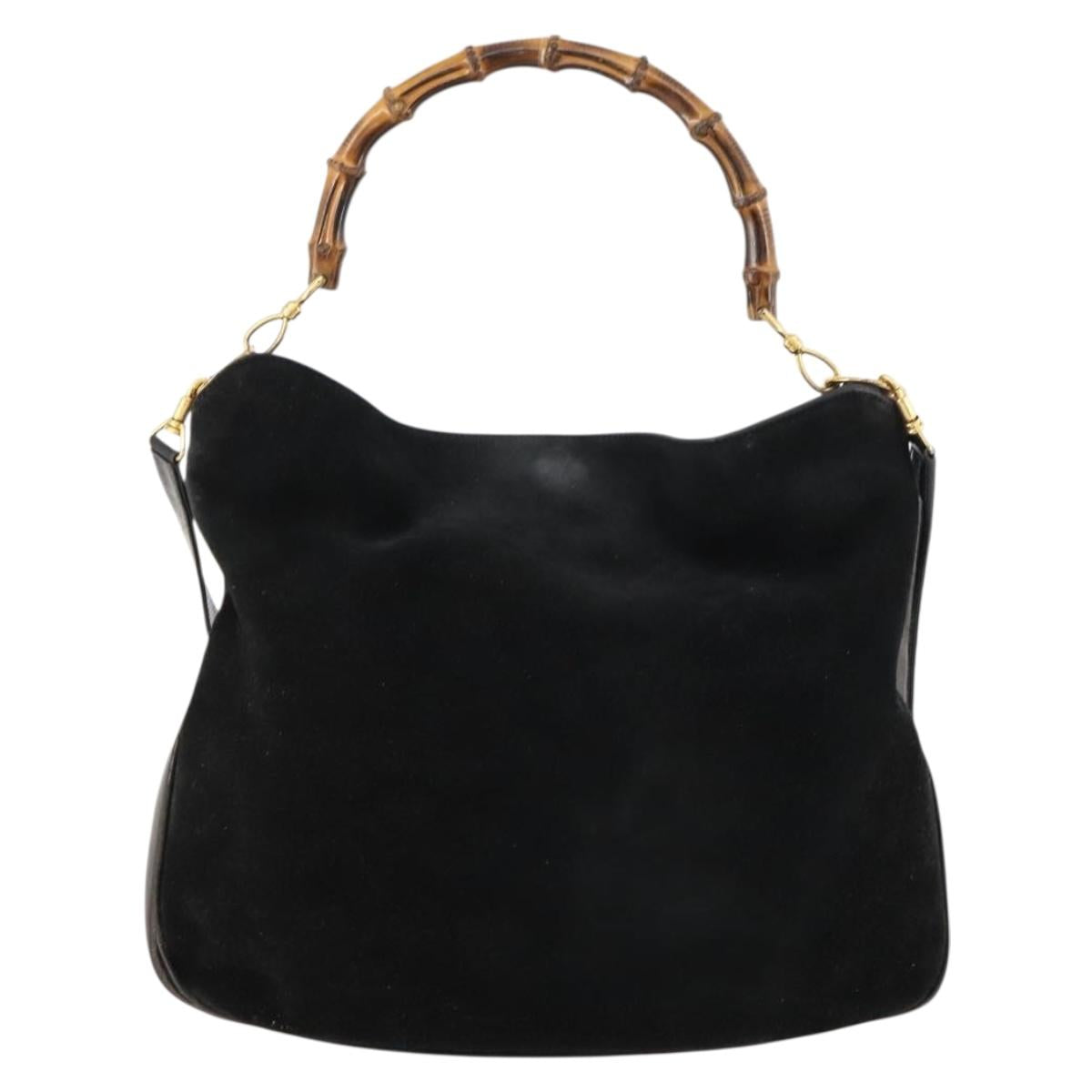 GUCCI Bamboo Shoulder Bag Suede Black Gold 01 1014 1577 Auth ti3727