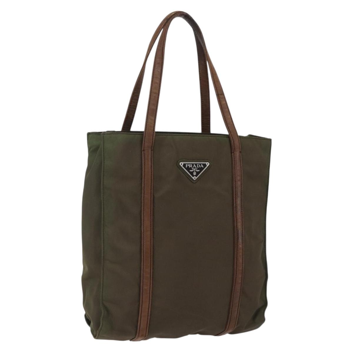 PRADA Hand Bag Nylon Leather Khaki Silver Auth ti3735