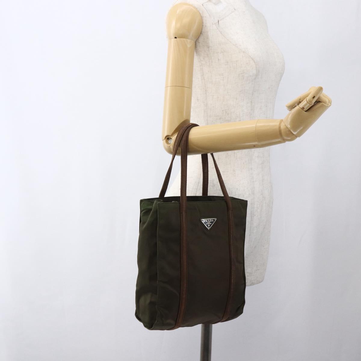 PRADA Hand Bag Nylon Leather Khaki Silver Auth ti3735