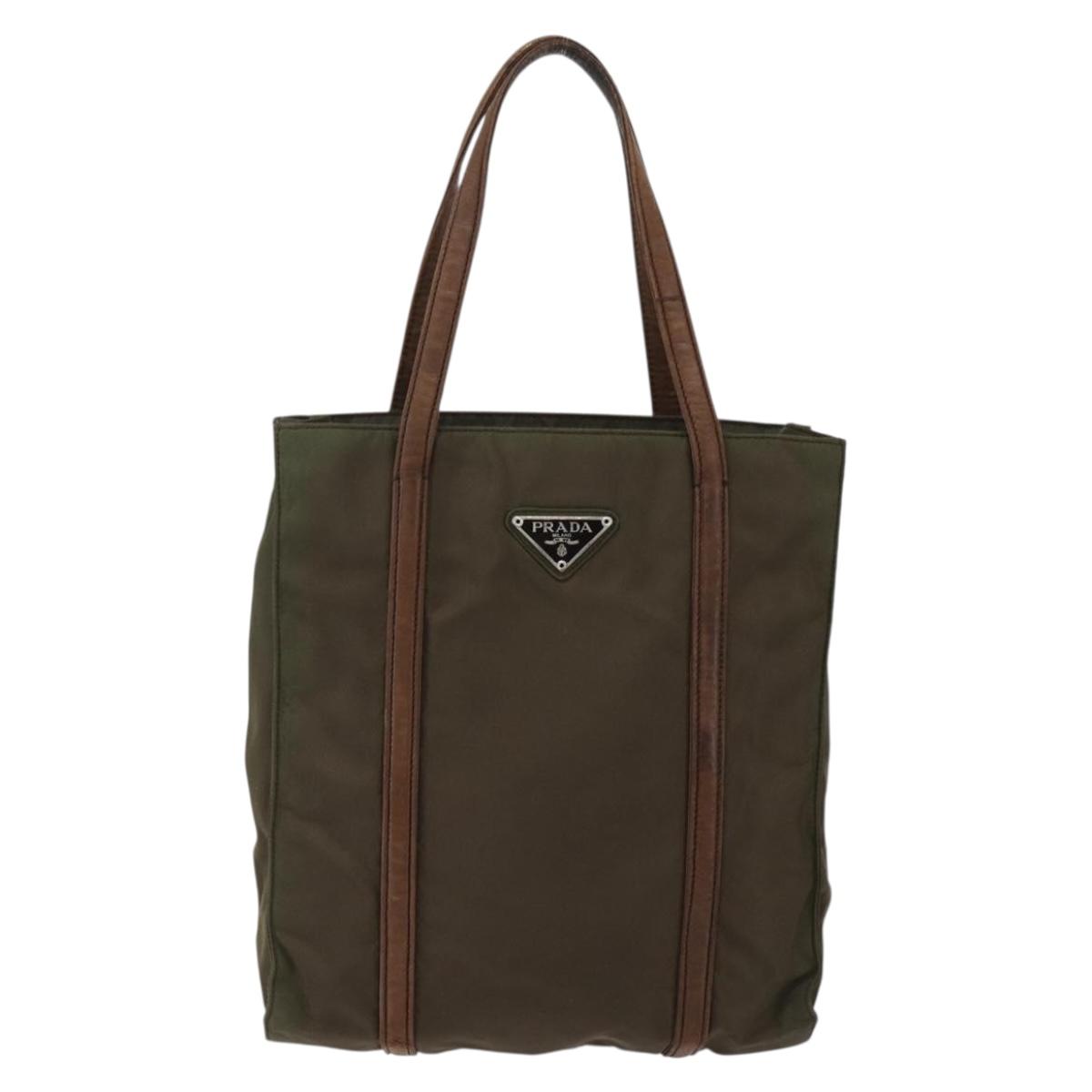 PRADA Hand Bag Nylon Leather Khaki Silver Auth ti3735