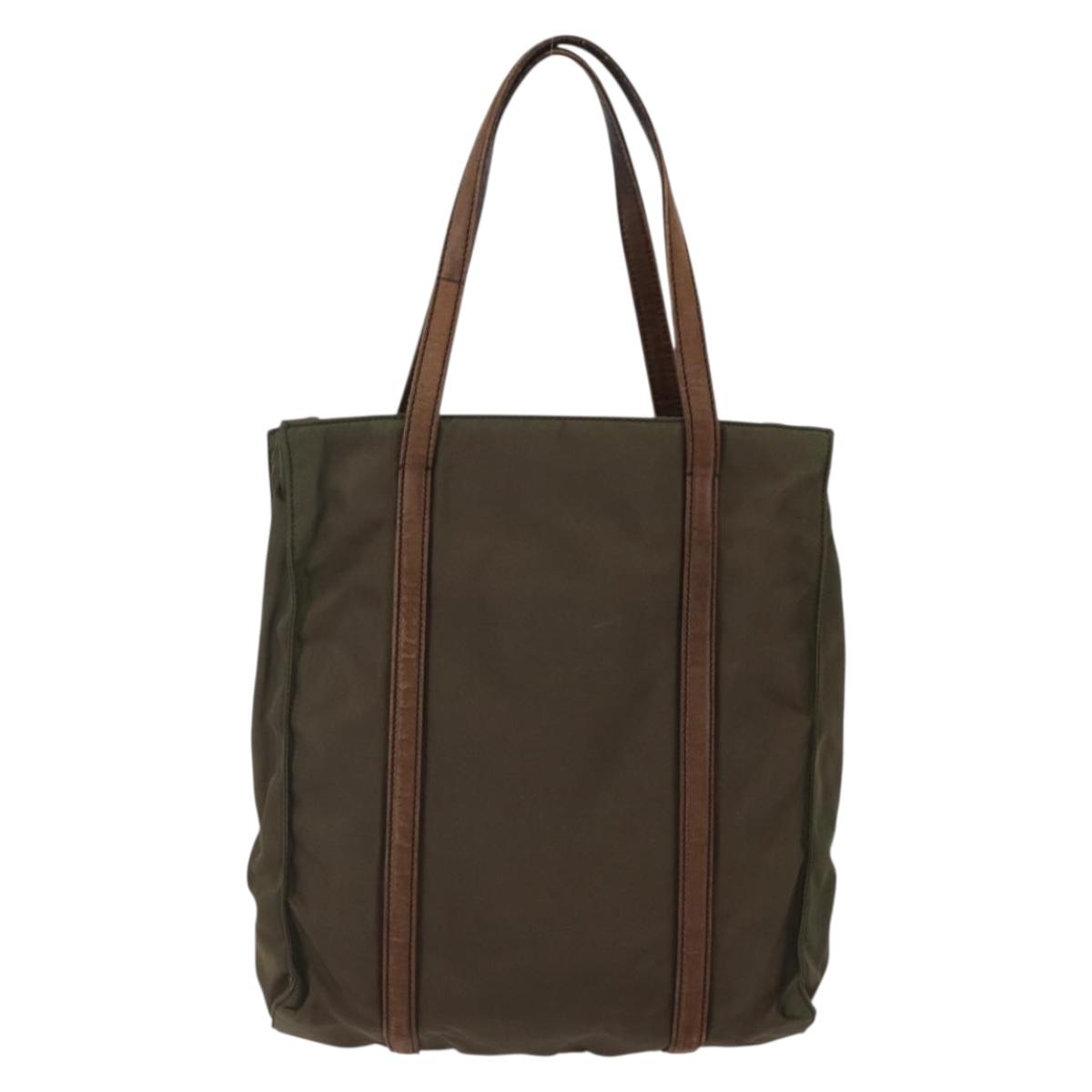 PRADA Hand Bag Nylon Leather Khaki Silver Auth ti3735