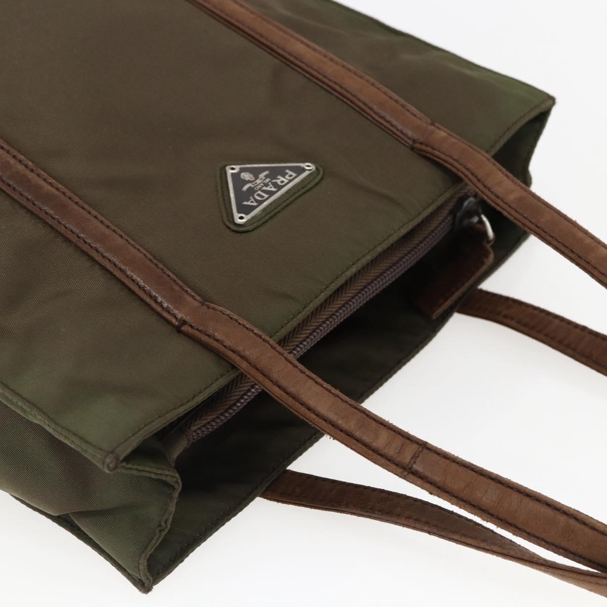 PRADA Hand Bag Nylon Leather Khaki Silver Auth ti3735
