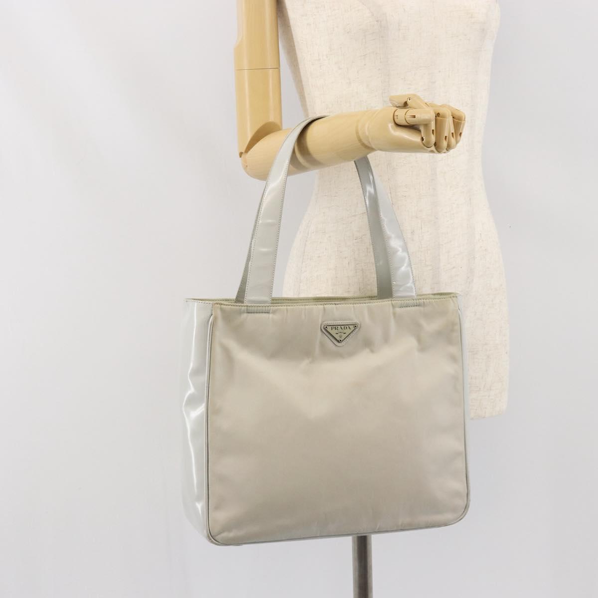 PRADA Tote Bag Nylon Leather Gray Silver Auth ti3737
