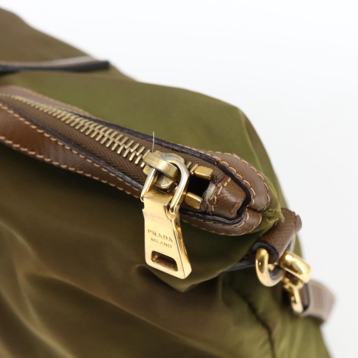 PRADA Tote Bag Nylon Leather Khaki Gold Auth ti3738