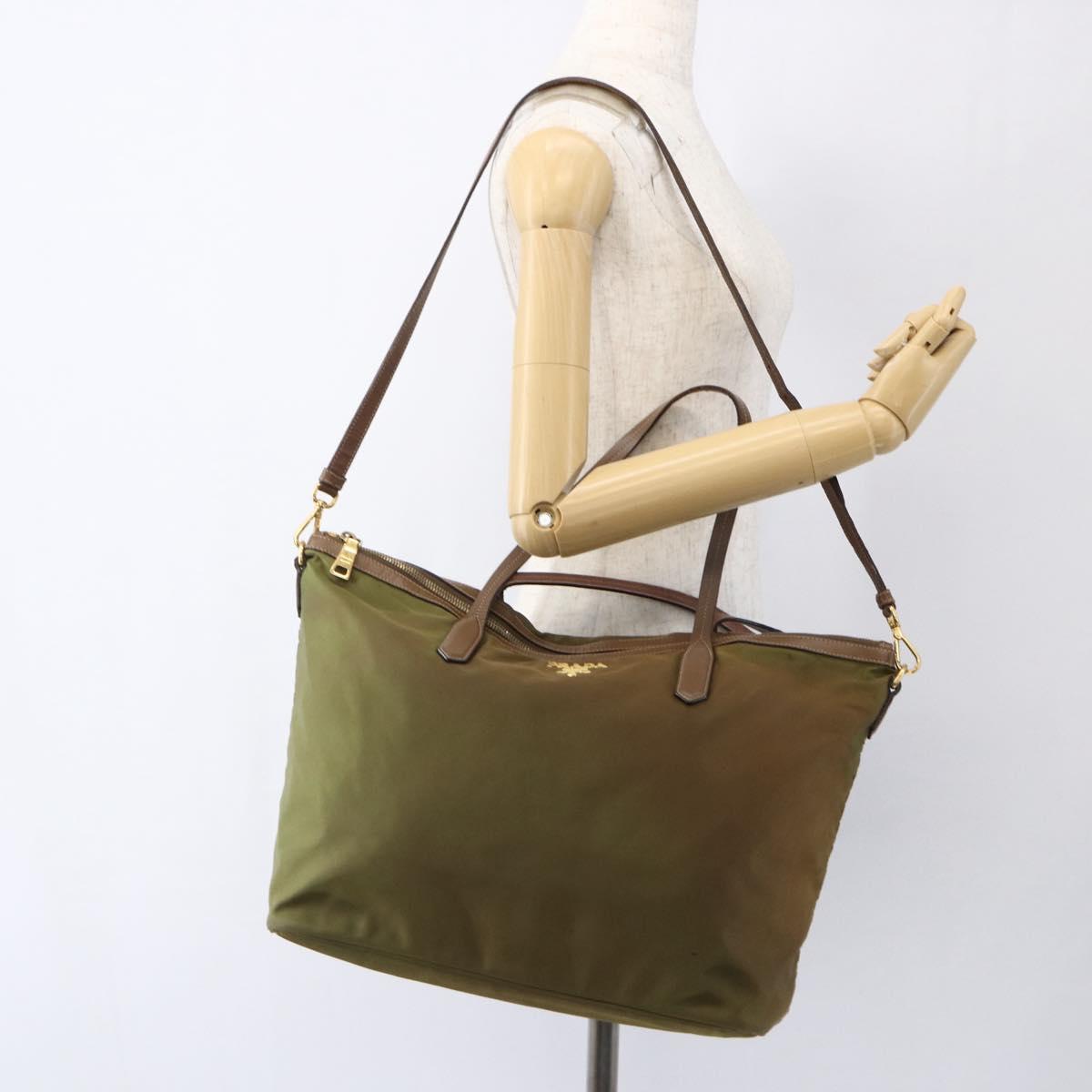 PRADA Tote Bag Nylon Leather Khaki Gold Auth ti3738