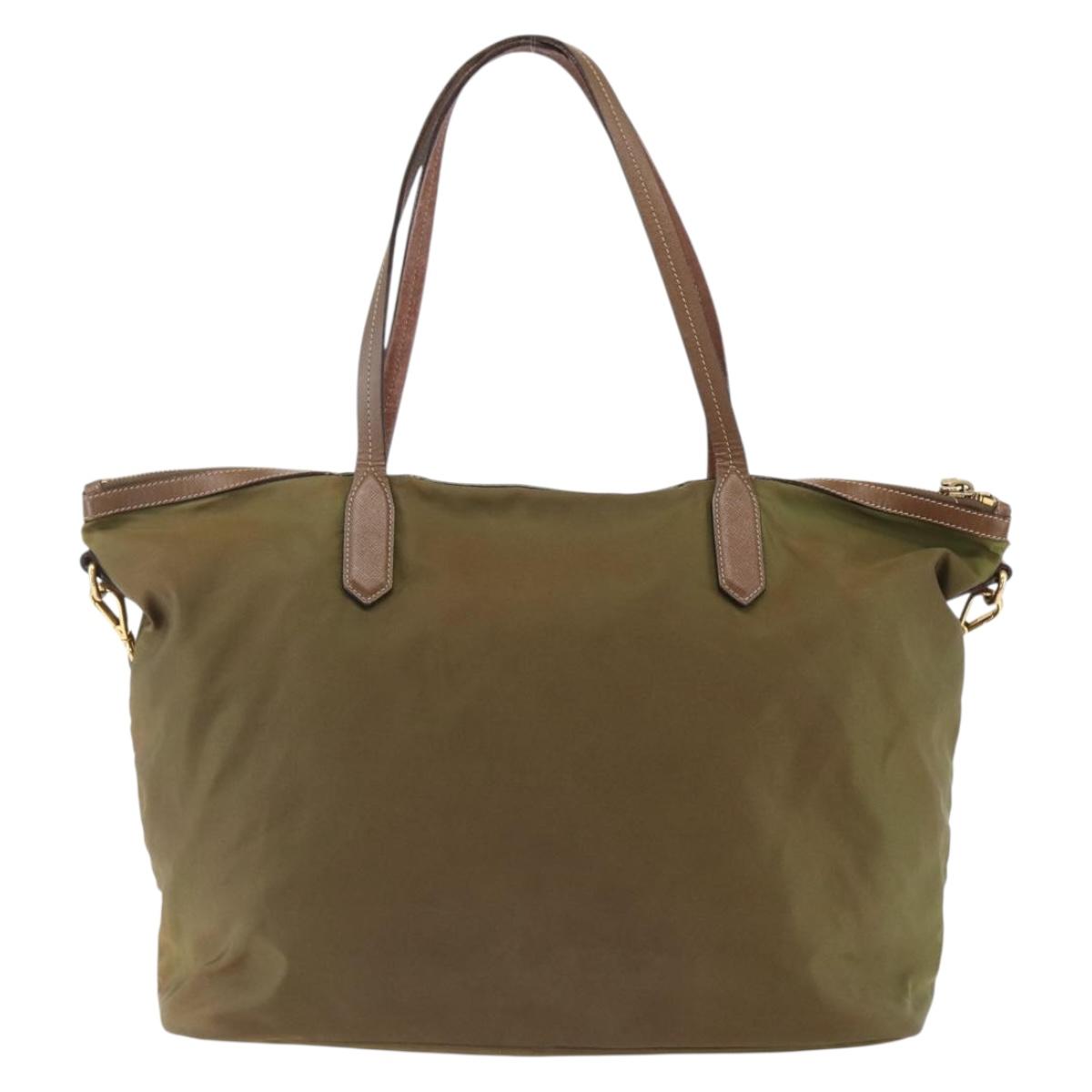 PRADA Tote Bag Nylon Leather Khaki Gold Auth ti3738
