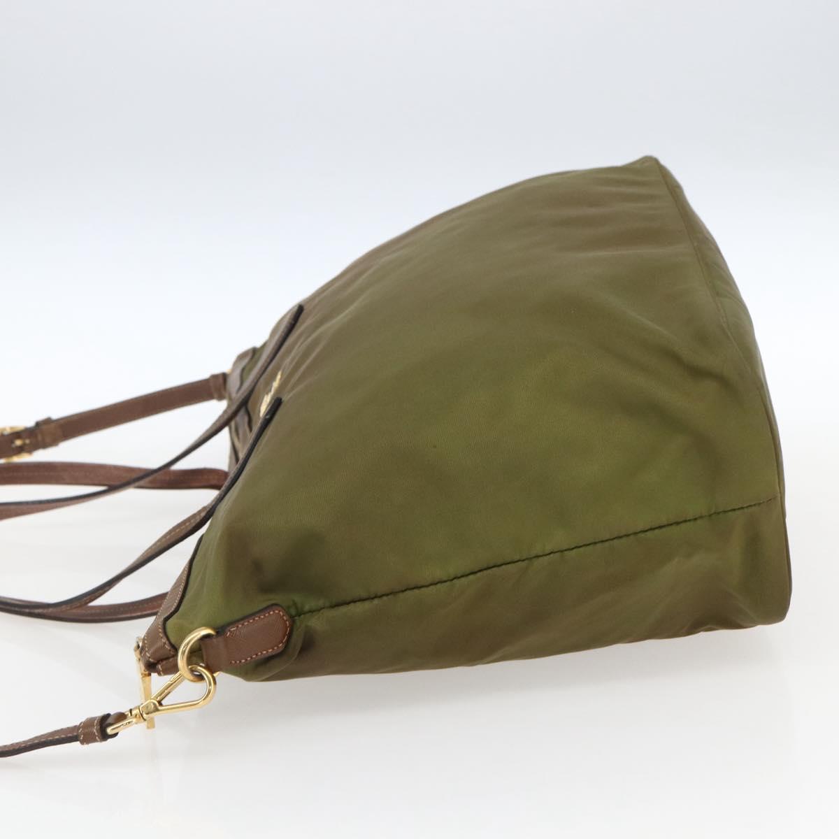 PRADA Tote Bag Nylon Leather Khaki Gold Auth ti3738