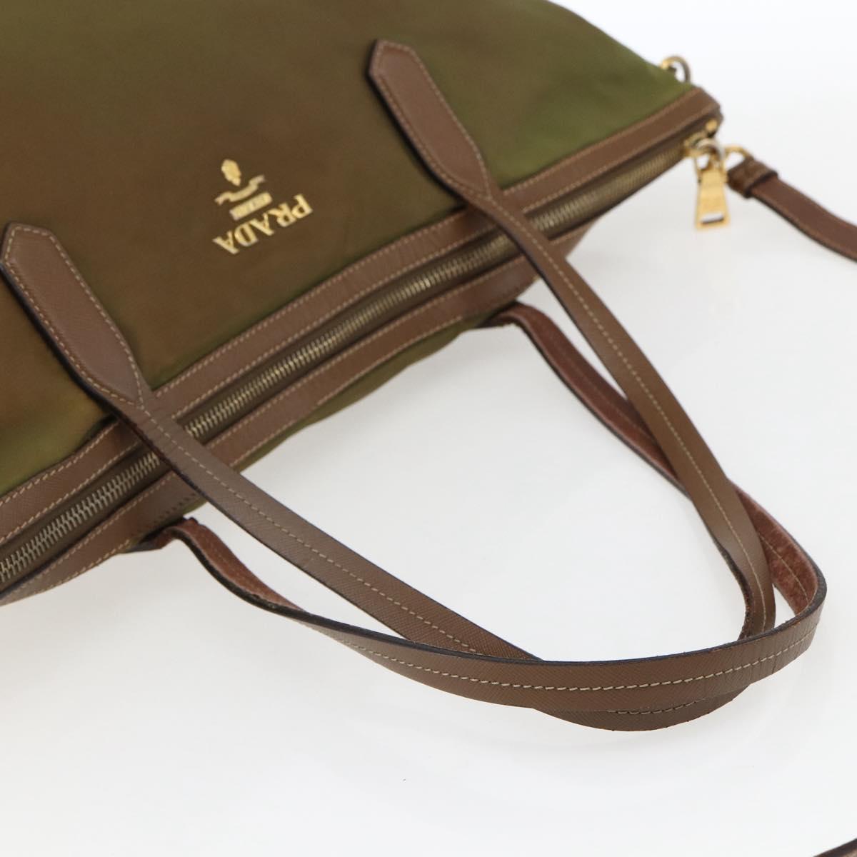 PRADA Tote Bag Nylon Leather Khaki Gold Auth ti3738