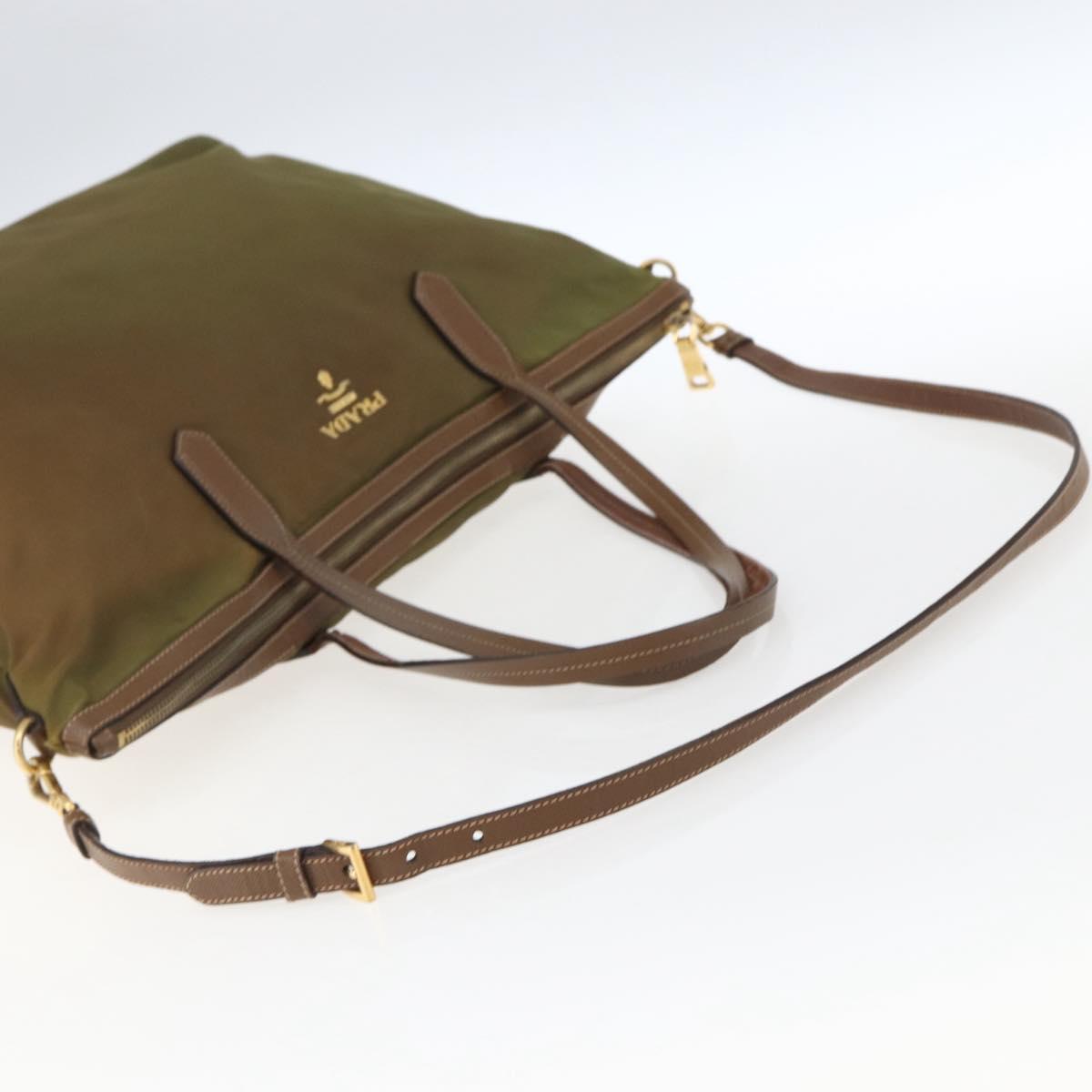 PRADA Tote Bag Nylon Leather Khaki Gold Auth ti3738