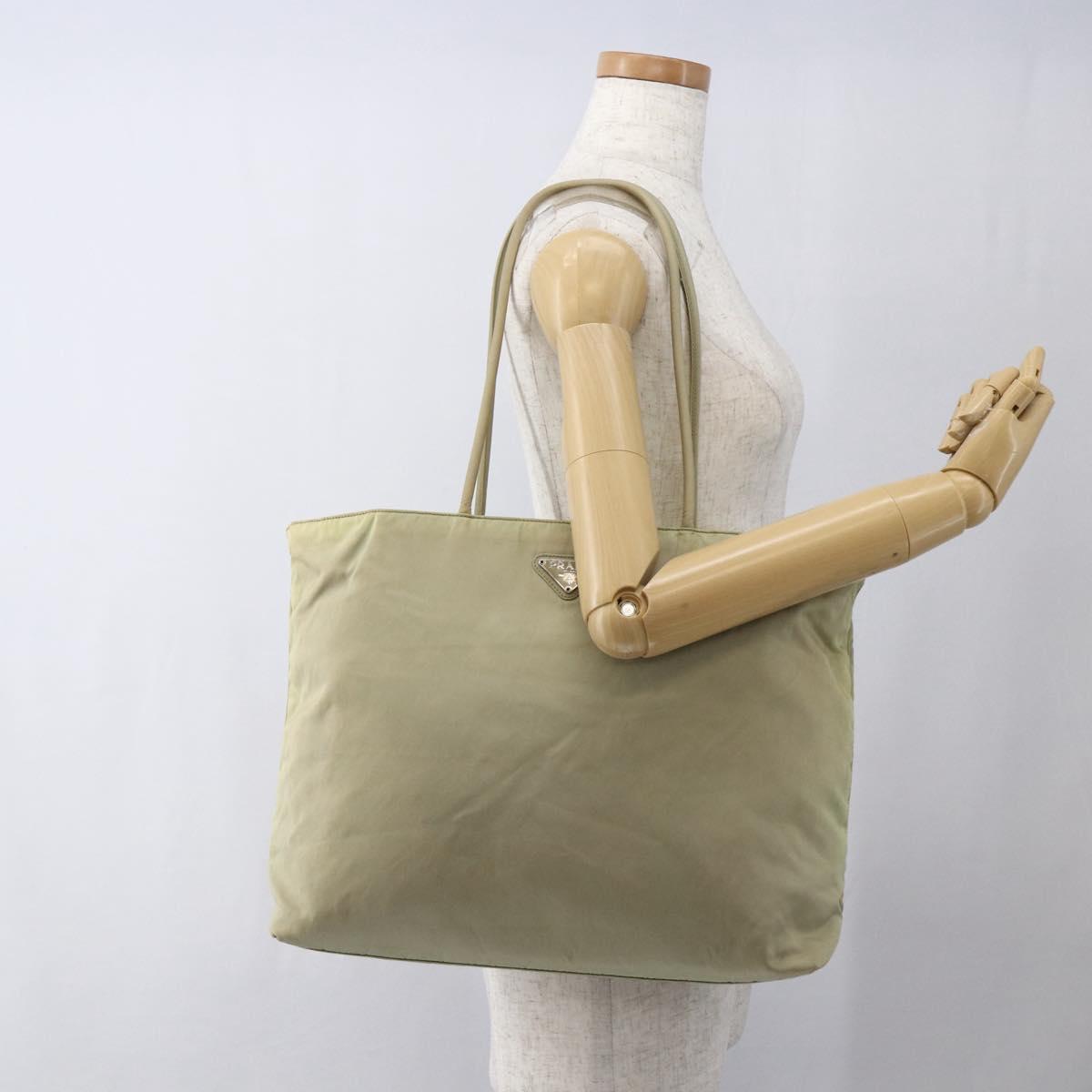 PRADA Tote Bag Nylon Cream Silver Auth ti3744