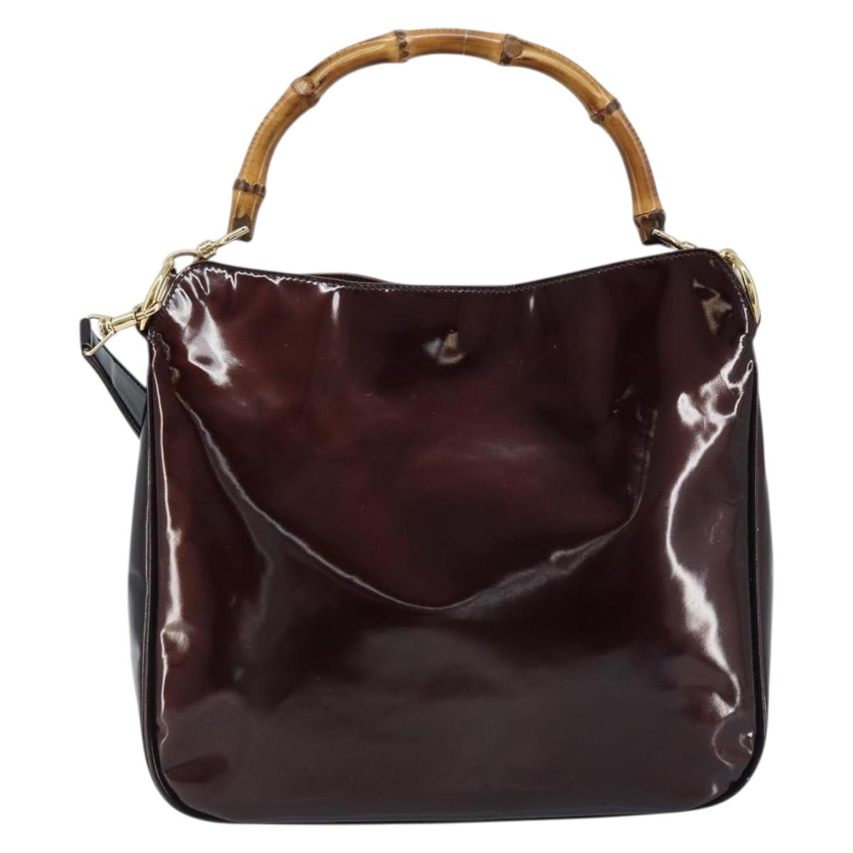 GUCCI Bamboo Hand Bag Patent leather 2way Brown Gold 001 1705 1638 Auth ti3749