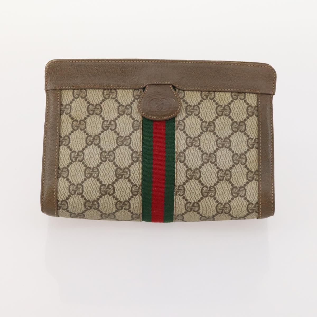 GUCCI GG Supreme Web Sherry Line Pouch Clutch Bag PVC 2 Set Beige Auth ti3752