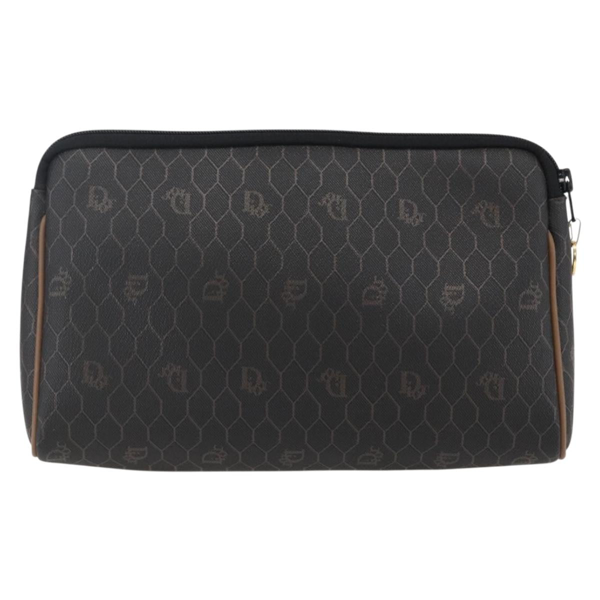 Christian Dior Honeycomb Canvas Pouch PVC Leather Black Auth ti3762