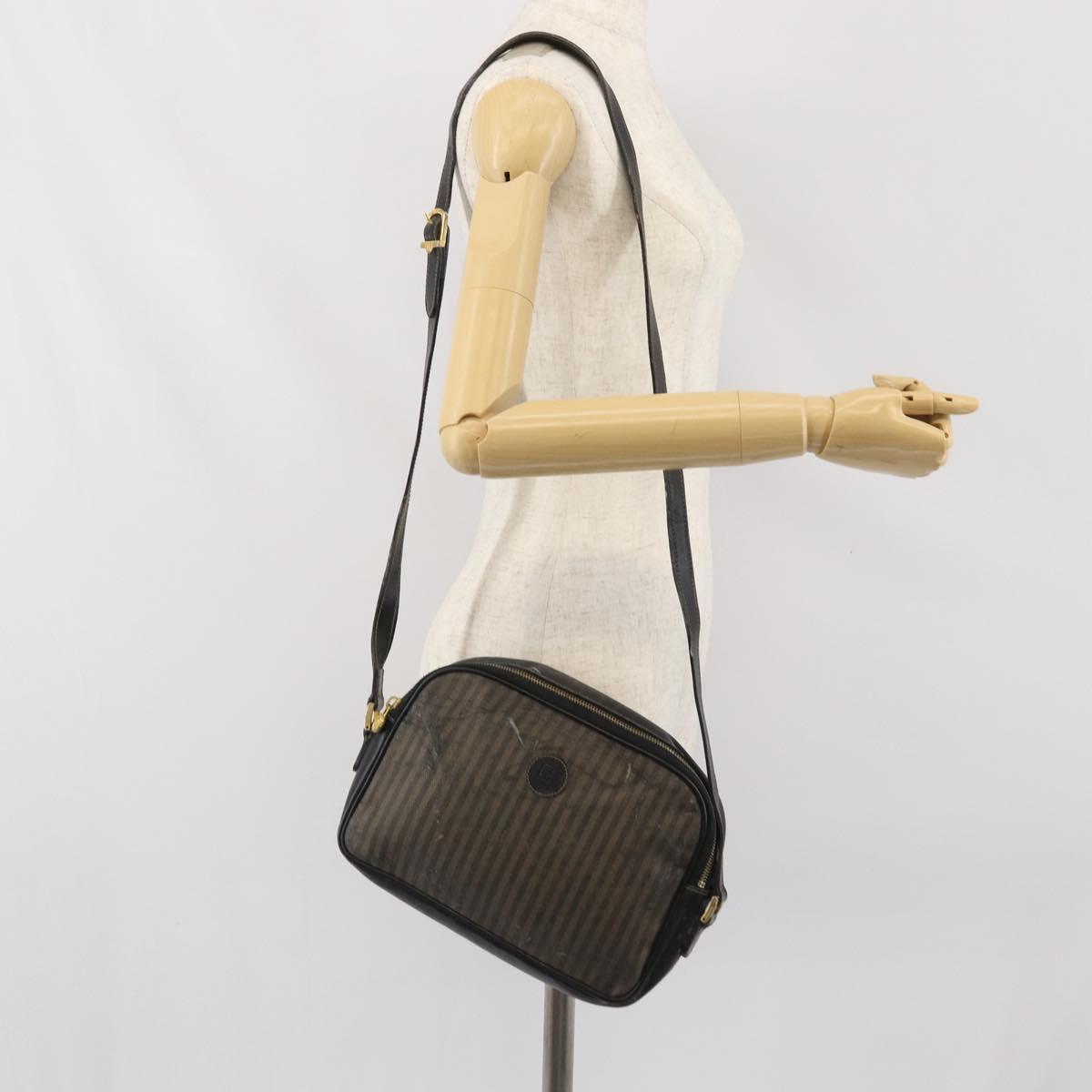 FENDI Pecan Canvas Shoulder Bag Coated Canvas Black Brown gold Auth ti3766