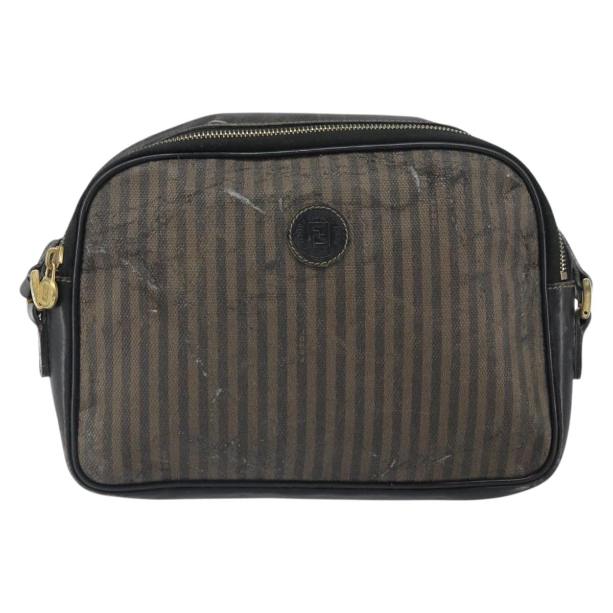FENDI Pecan Canvas Shoulder Bag Coated Canvas Black Brown gold Auth ti3766