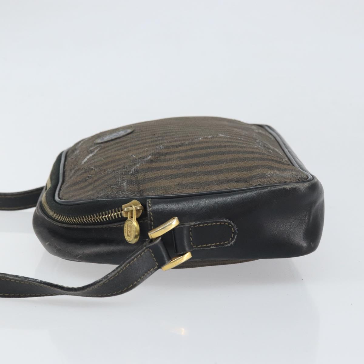 FENDI Pecan Canvas Shoulder Bag Coated Canvas Black Brown gold Auth ti3766