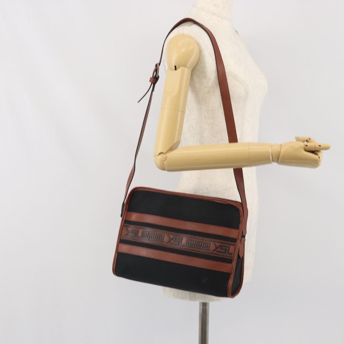 SAINT LAURENT Shoulder Bag Canvas Leather Black Brown gold Auth ti3767