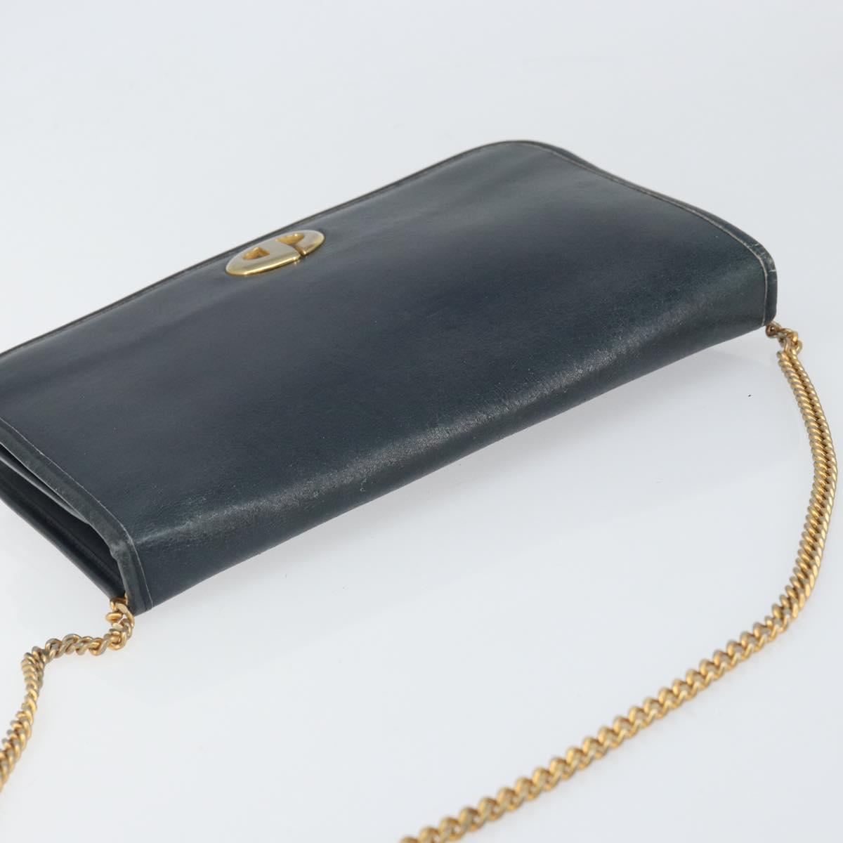 Christian Dior Chain Shoulder Bag Leather Navy Gold Auth ti3768