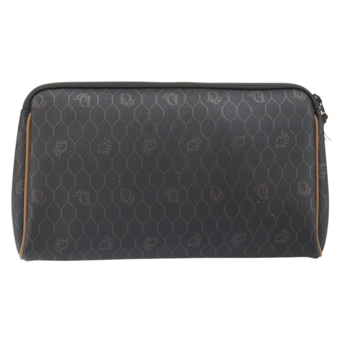 Christian Dior Honeycomb Canvas Pouch PVC Leather Black Auth ti3769