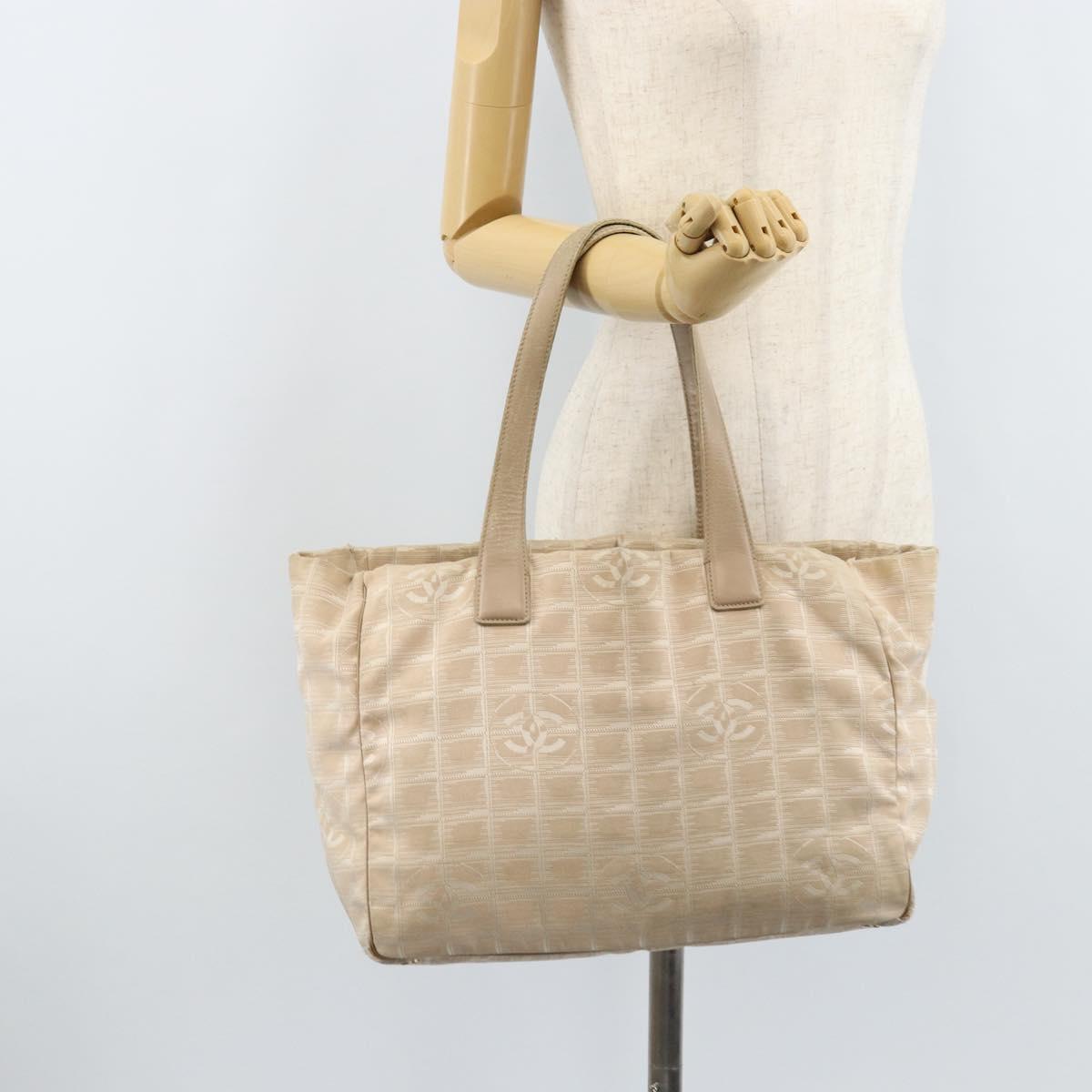 CHANEL New Travel Line Tote Bag Nylon Beige Gold CC Auth ti3789