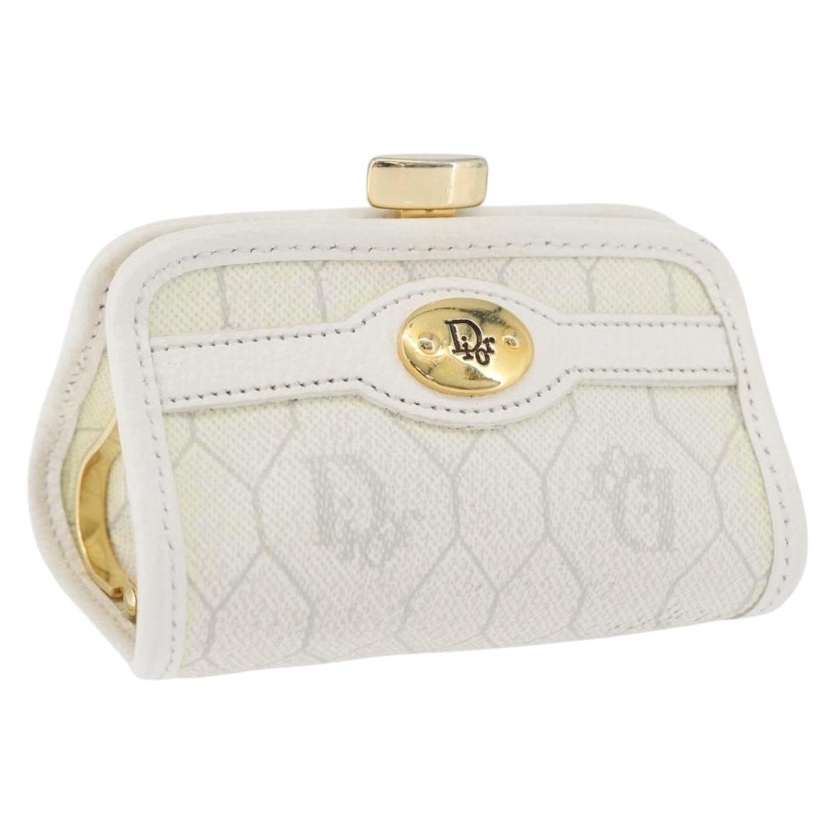 Christian Dior Honeycomb Canvas Coin Purse PVC White Gold Auth ti3792A
