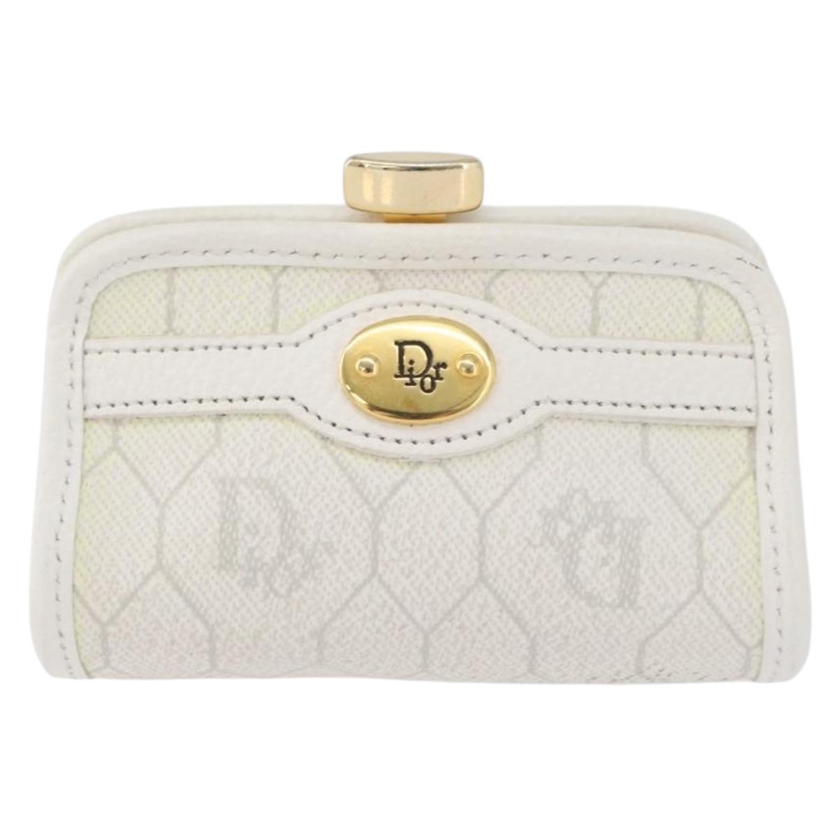 Christian Dior Honeycomb Canvas Coin Purse PVC White Gold Auth ti3792A