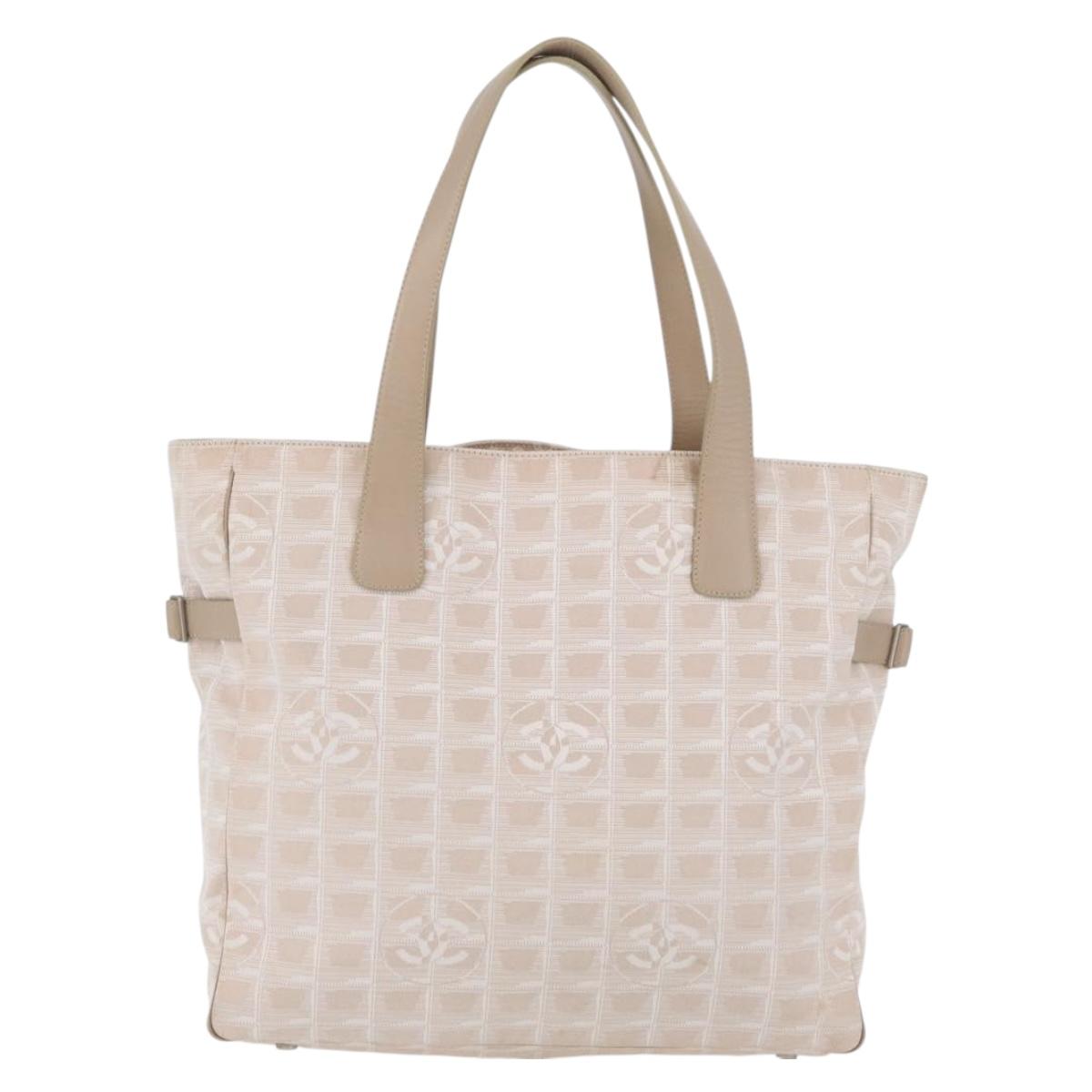 CHANEL New Travel Line Tote Bag Nylon Beige Silver CC Auth ti3793