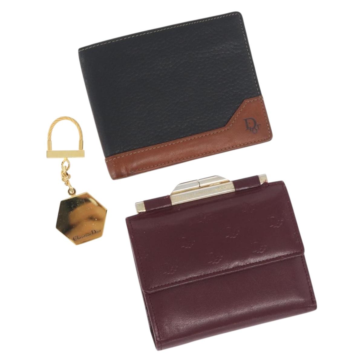 Christian Dior Wallet Leather 3 Set Bordeaux Navy gold Auth ti3813