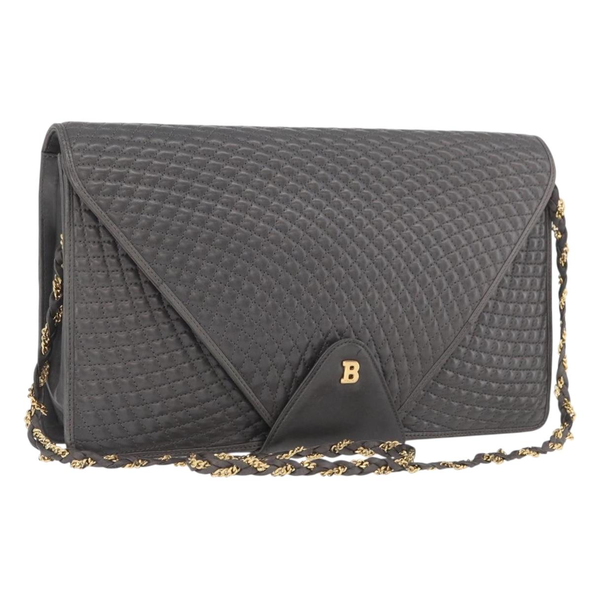 BALLY Chain Shoulder Bag Leather Gray Gold Auth ti3817