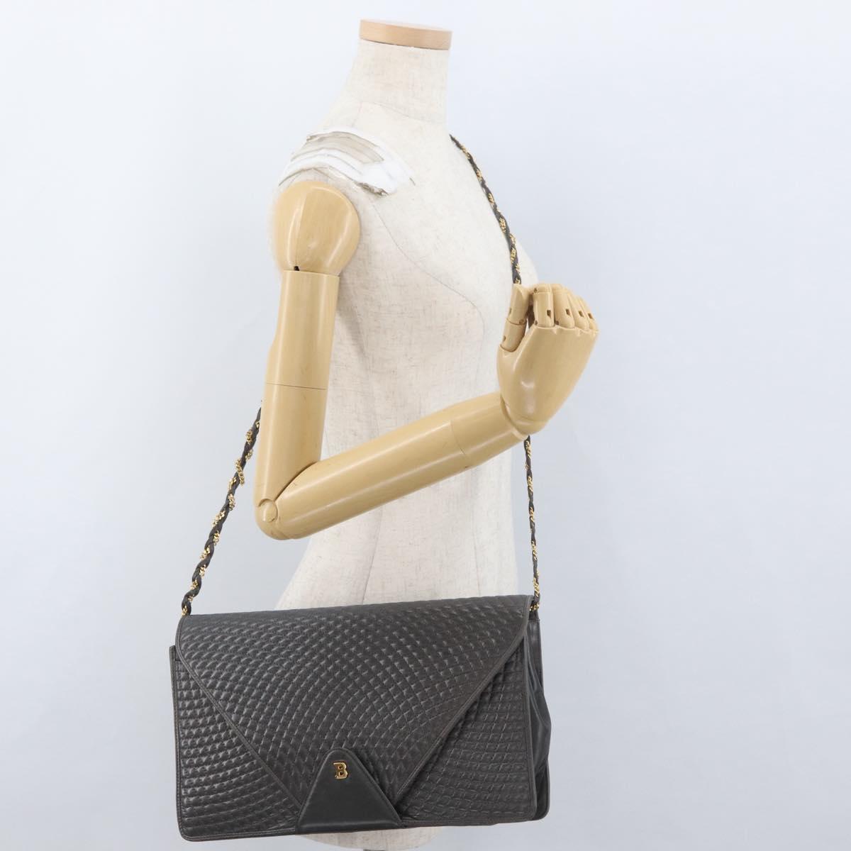 BALLY Chain Shoulder Bag Leather Gray Gold Auth ti3817