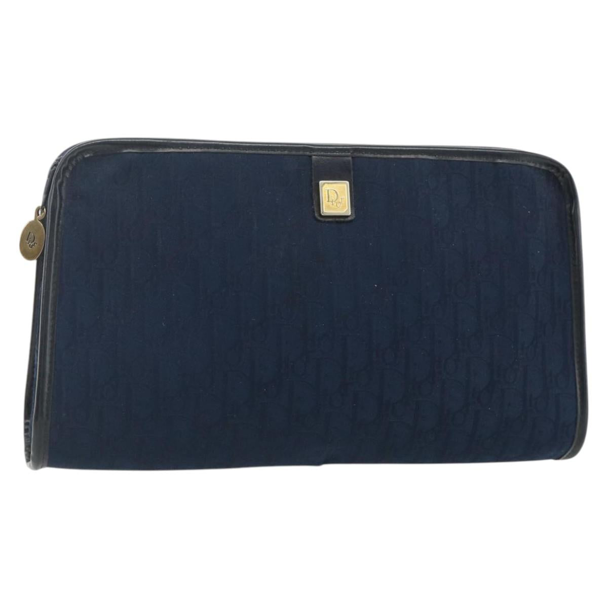 Christian Dior Trotter Canvas Clutch Bag Navy Gold Auth ti3846